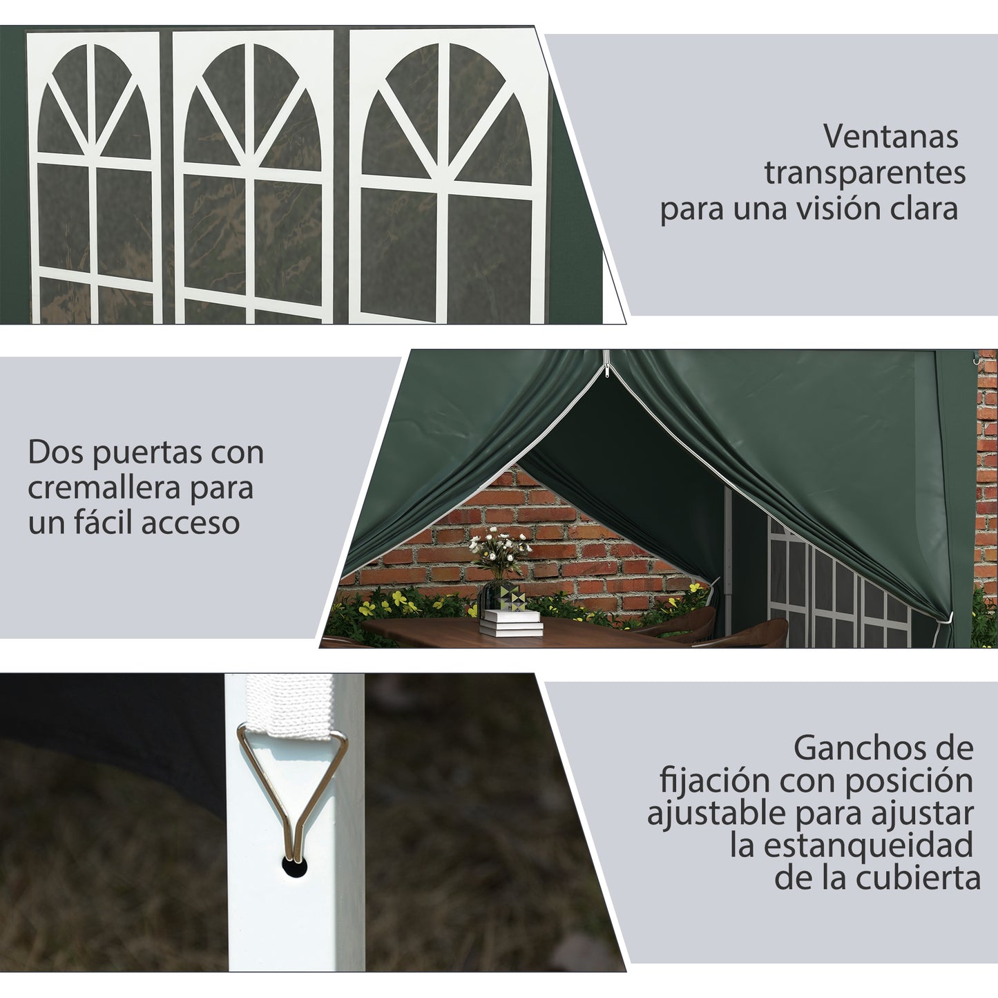 Carpa plegable 3x3, Cenador Jardín, Carpa Jardin, con 4 Paredes Desmontables Impermeable Protección UV, Verde, Outsunny, 6