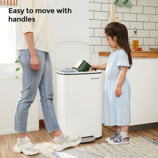 Cubo de Basura, 50 L, Cierre Suave, Cubo basura cocina, Pedal de Paso, Acero, Cubeta Interior, Blanco, SONGMICS, 1
