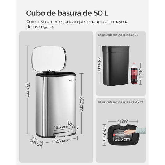 Cubo de Basura, 50 L, Cubo basura cocina, Cierre Suave, Pedal de Paso, Acero, Cubeta Interior, Plata, SONGMICS, 1