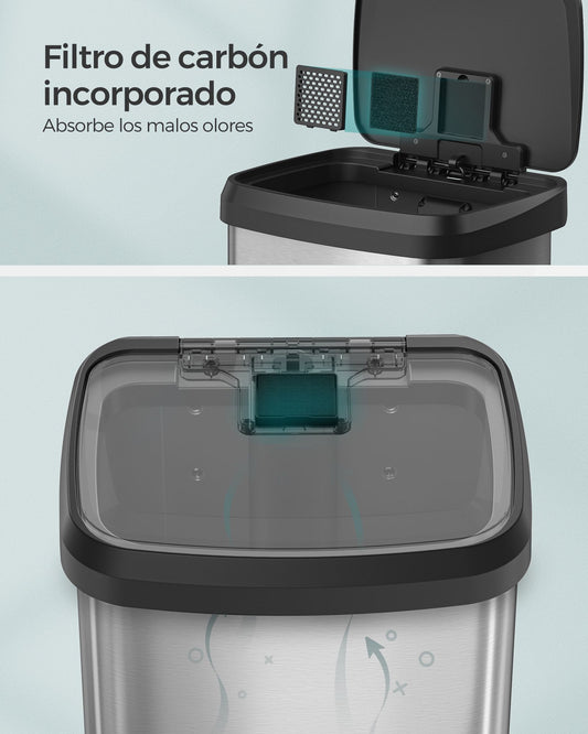 Cubo de Basura, 50 L, Cubo basura cocina, Tapas de Cierre Suave, Plata y Negro, SONGMICS, 1