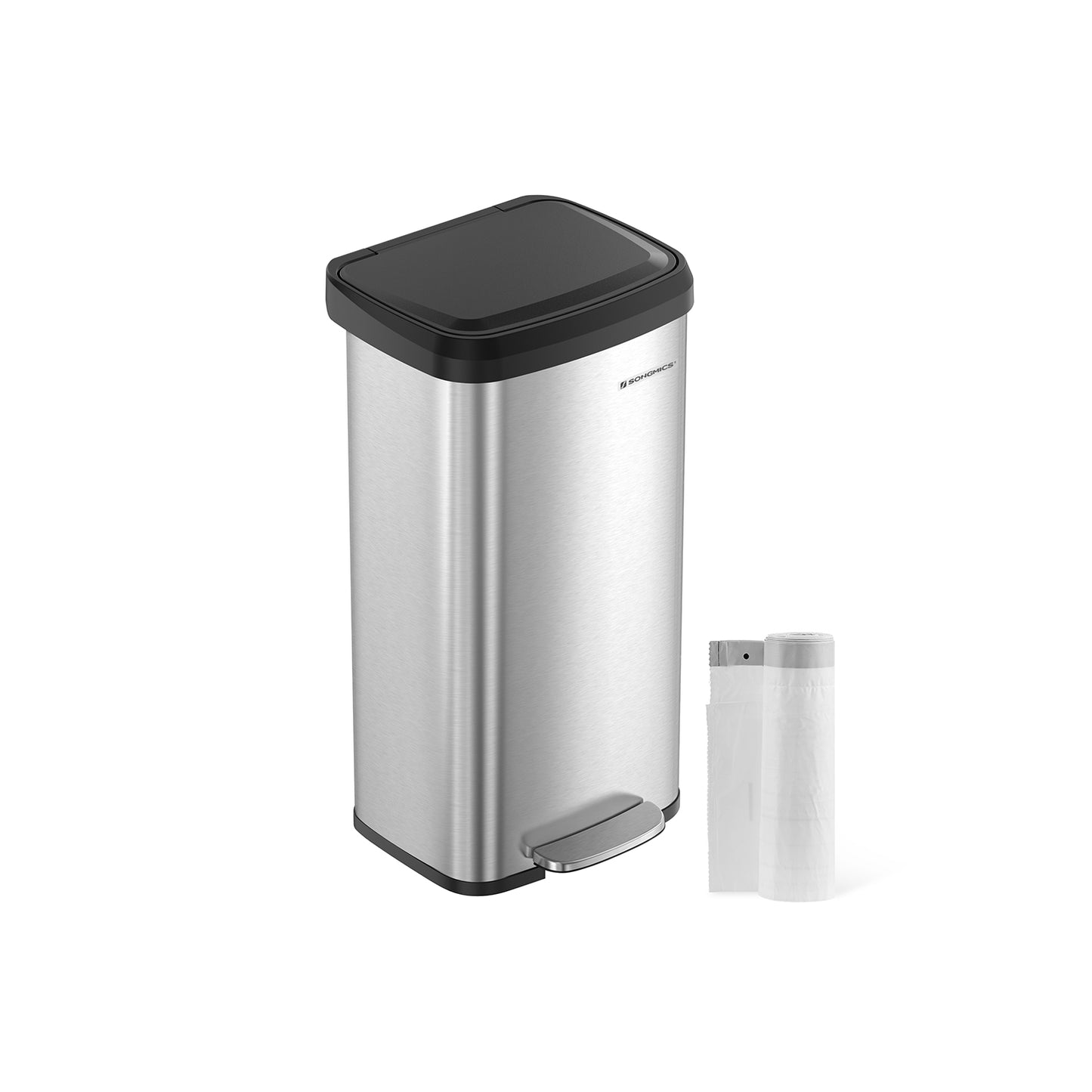 Cubo de basura, 68 L, de metal, con tapa, alto, Cubo basura cocina, Plateado y Negro, SONGMICS, 8