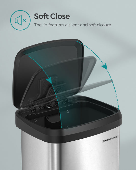 Cubo de basura, 68 L, de metal, con tapa, alto, Cubo basura cocina, Plateado y Negro, SONGMICS, 1