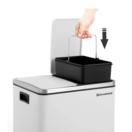 Cubo de Basura, 2x15 L, Cubo basura reciclaje, Cubo basura cocina, con Cubeta Doble, con Pedal, Acero, Blanco, SONGMICS, 1