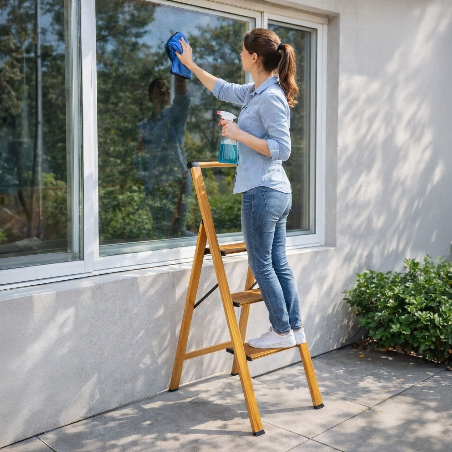 Escalera, 3 Peldaños antideslizante, Taburete plegable, de Cocina de aluminio, Estilo madera Escandinava, Tatkraft UP, 11
