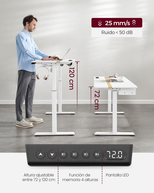 Escritorio elevable, Mesa regulable en altura, Enchufe y Cajón, 4 Funciones de Memoria de Altura, Blanco, VASAGLE, 1