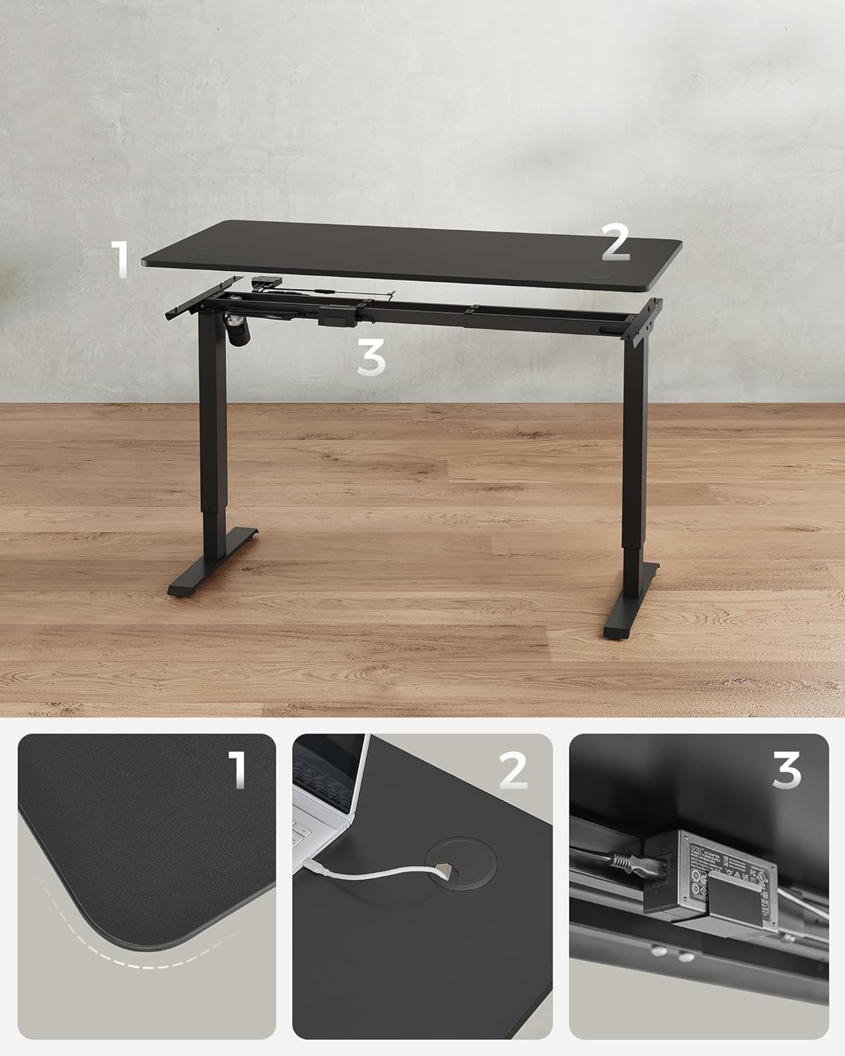 Escritorio elevable, Mesa regulable en altura, Eléctrico, 60x120x(73-114) cm, Estructura Escritorio con Moto, Negro, SONGMICS, 7
