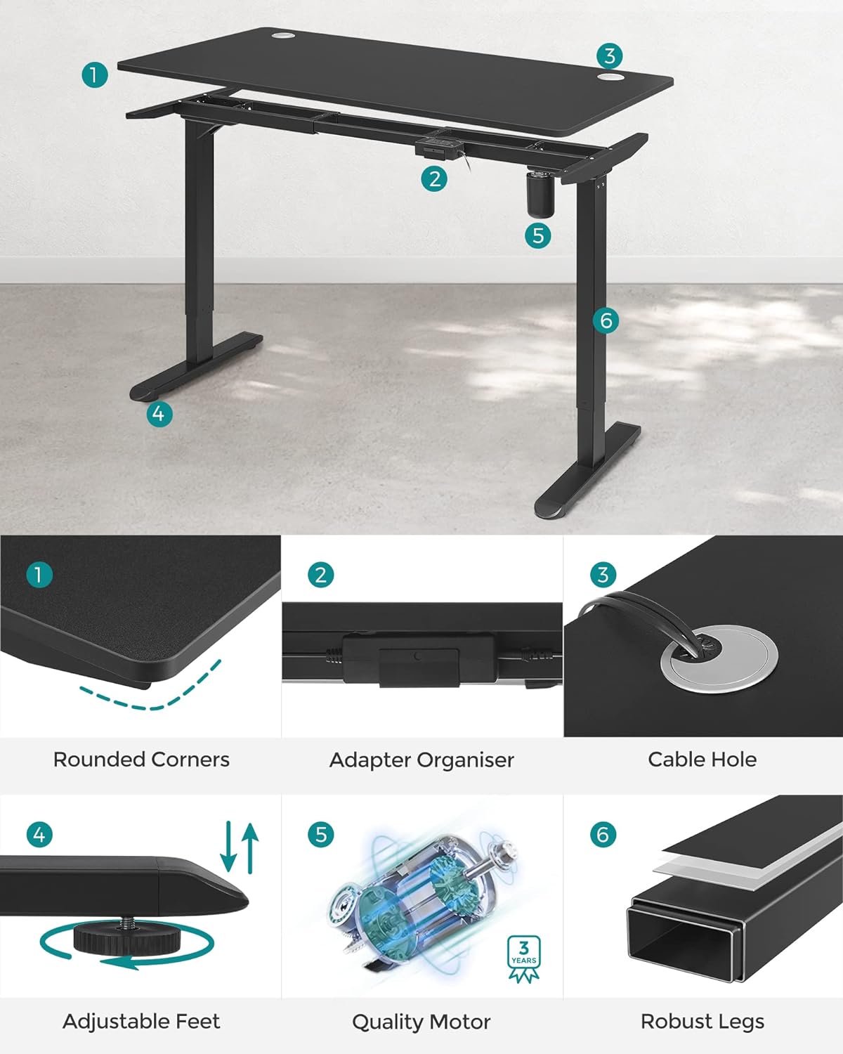 Escritorio elevable, Mesa regulable en altura, Eléctrico, 70x140x(73-114) cm, Estructura Escritorio con Motor Negro, SONGMICS, 8