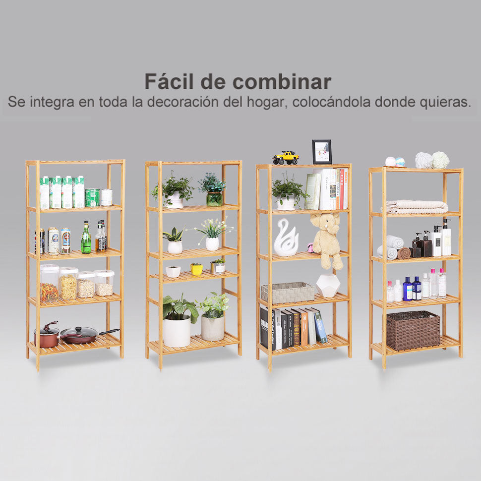 Estantería, 5 estantes, Bambú, Estanteria Madera, Estanteria libreria, 60x26x130 cm, Natural, SONGMICS, 5
