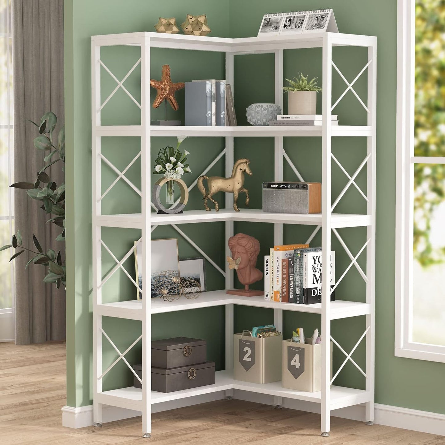 Estanteria, Estanteria Libreria, Estanteria Esquinera, de 5 estantes, Estante de Almacenamiento, Blanco, Tribesigns, 5