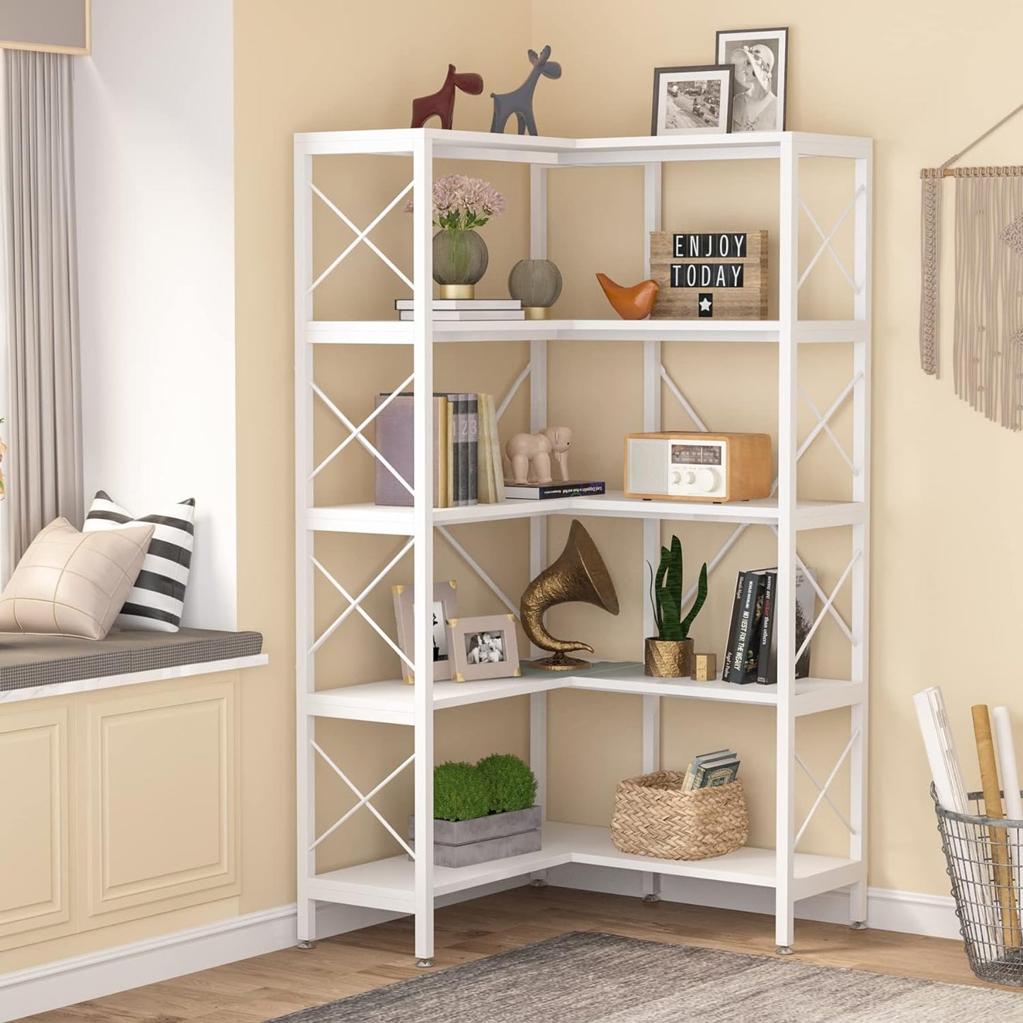 Estanteria, Estanteria Libreria, Estanteria Esquinera, de 5 estantes, Estante de Almacenamiento, Blanco, Tribesigns, 1