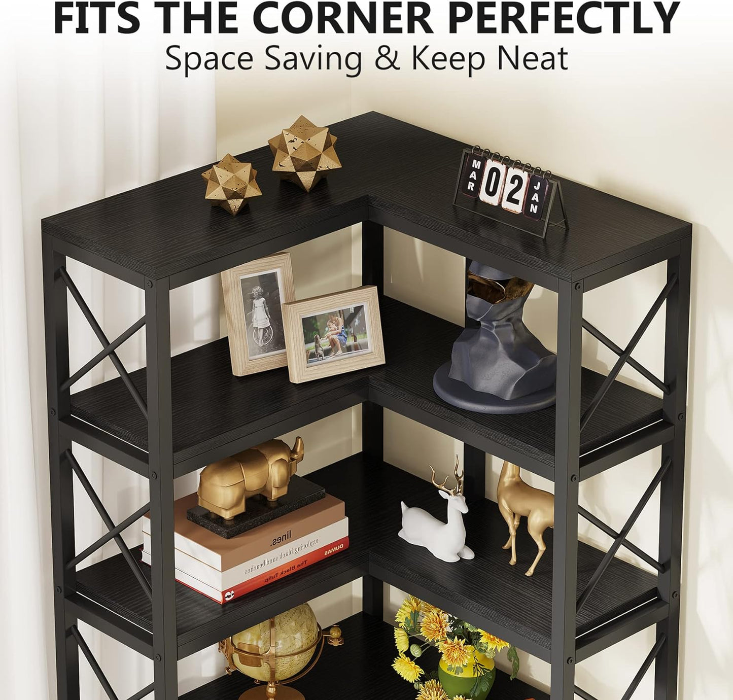 Estanteria esquinera, de 7 estantes, Librerias, Estanteria salon, Estanteria libros, grande y moderna, negro, Tribesigns, 4