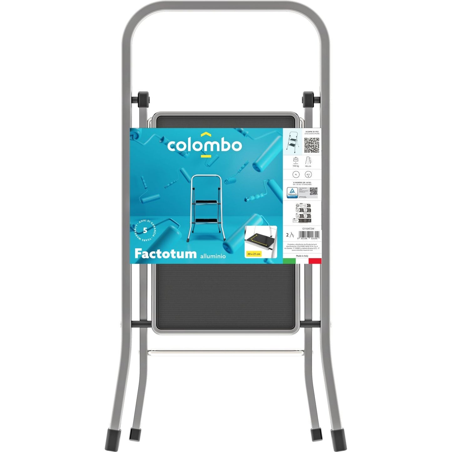 Escalera 2 peldaños, Escaleras de aluminio, Escalera plegable, medida peldaño 30x21 cm, carga 150 kg, Colombo FACTOTUM ALUMINIUM , 3