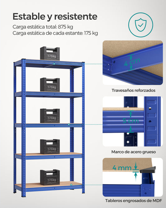 Estanteria, Juego de 2, Estantería metálica, 5 Niveles, 40x90x180cm, Estanterias trastero, Carga de 875 kg, Azul, Songmics, 4