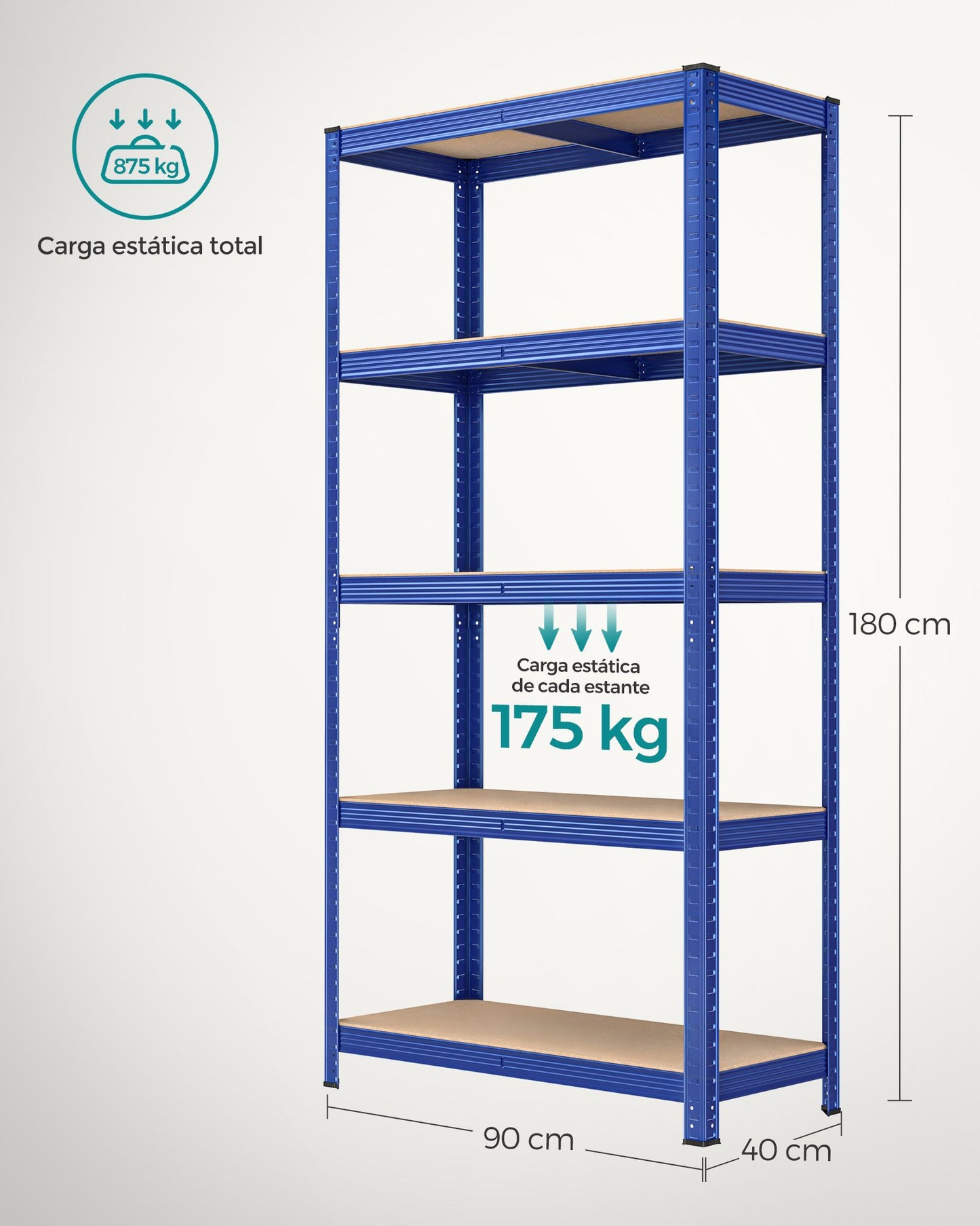 Estanteria, Juego de 2, Estantería metálica, 5 Niveles, 40x90x180cm, Estanterias trastero, Carga de 875 kg, Azul, Songmics, 8