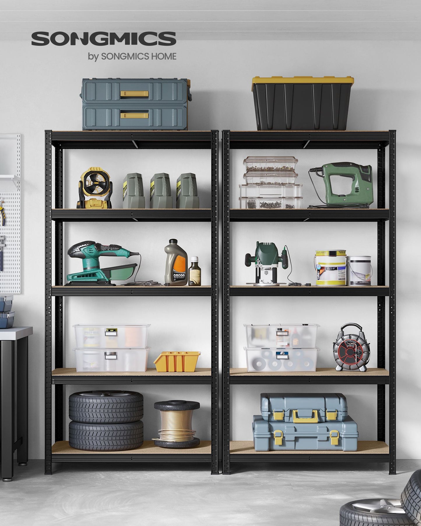 Estanteria, Juego de 2, Estantería metálica, 5 Niveles, Estanterias garaje, 50x100x200 cm, Carga de 600 kg, Negro, Songmics, 3