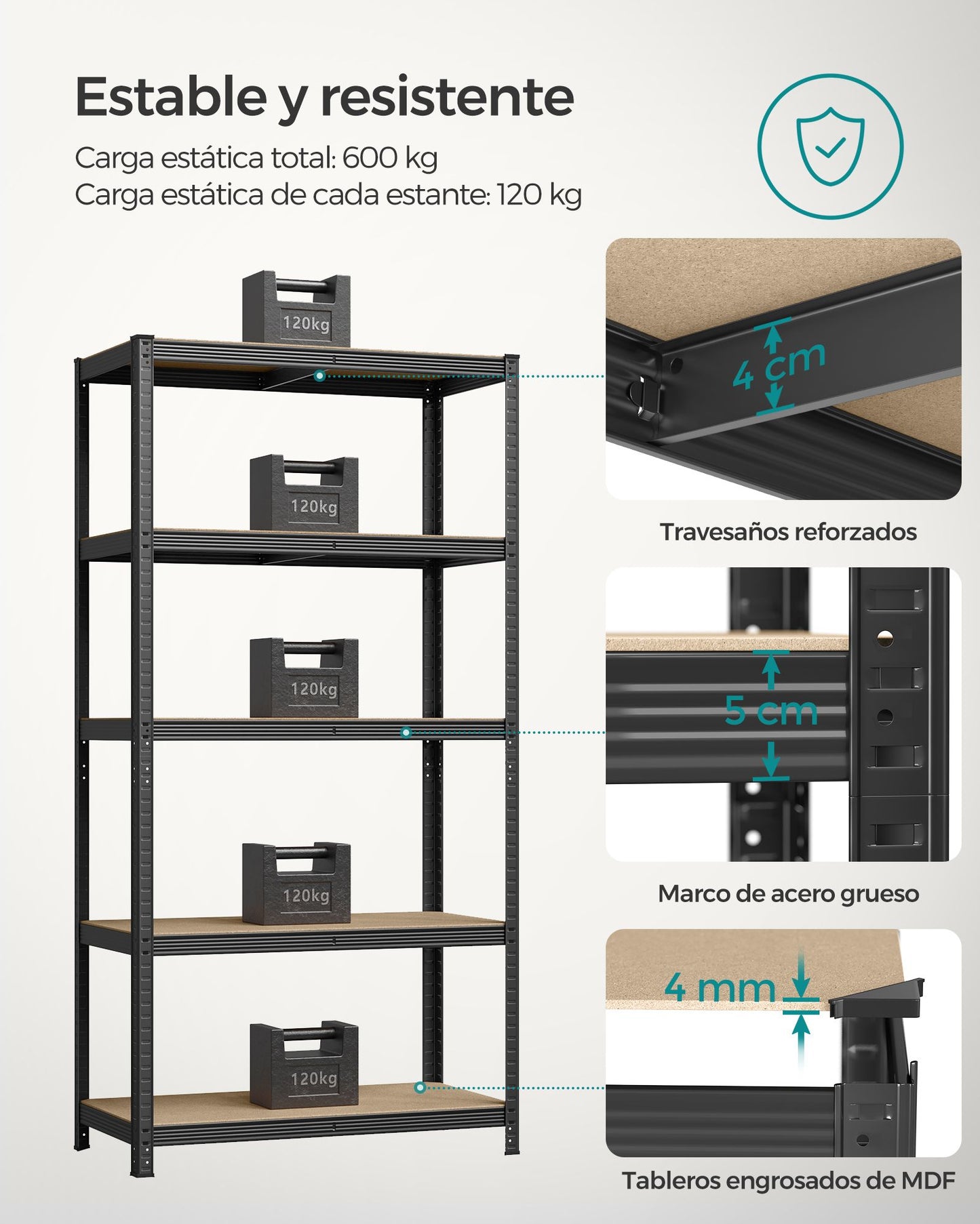 Estanteria, Juego de 2, Estantería metálica, 5 Niveles, Estanterias garaje, 50x100x200 cm, Carga de 600 kg, Negro, Songmics, 4