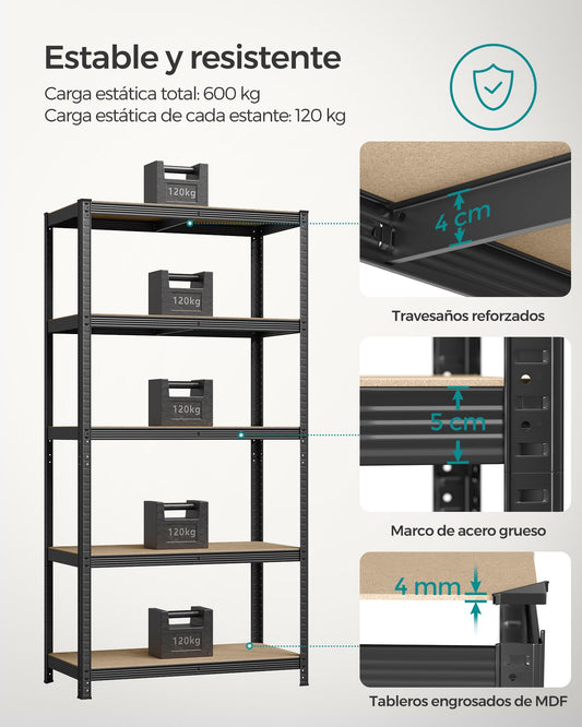 Estanteria, Juego de 2, Estantería metálica, 5 Niveles, Estanterias garaje, 50x100x200 cm, Carga de 600 kg, Negro, Songmics, 4