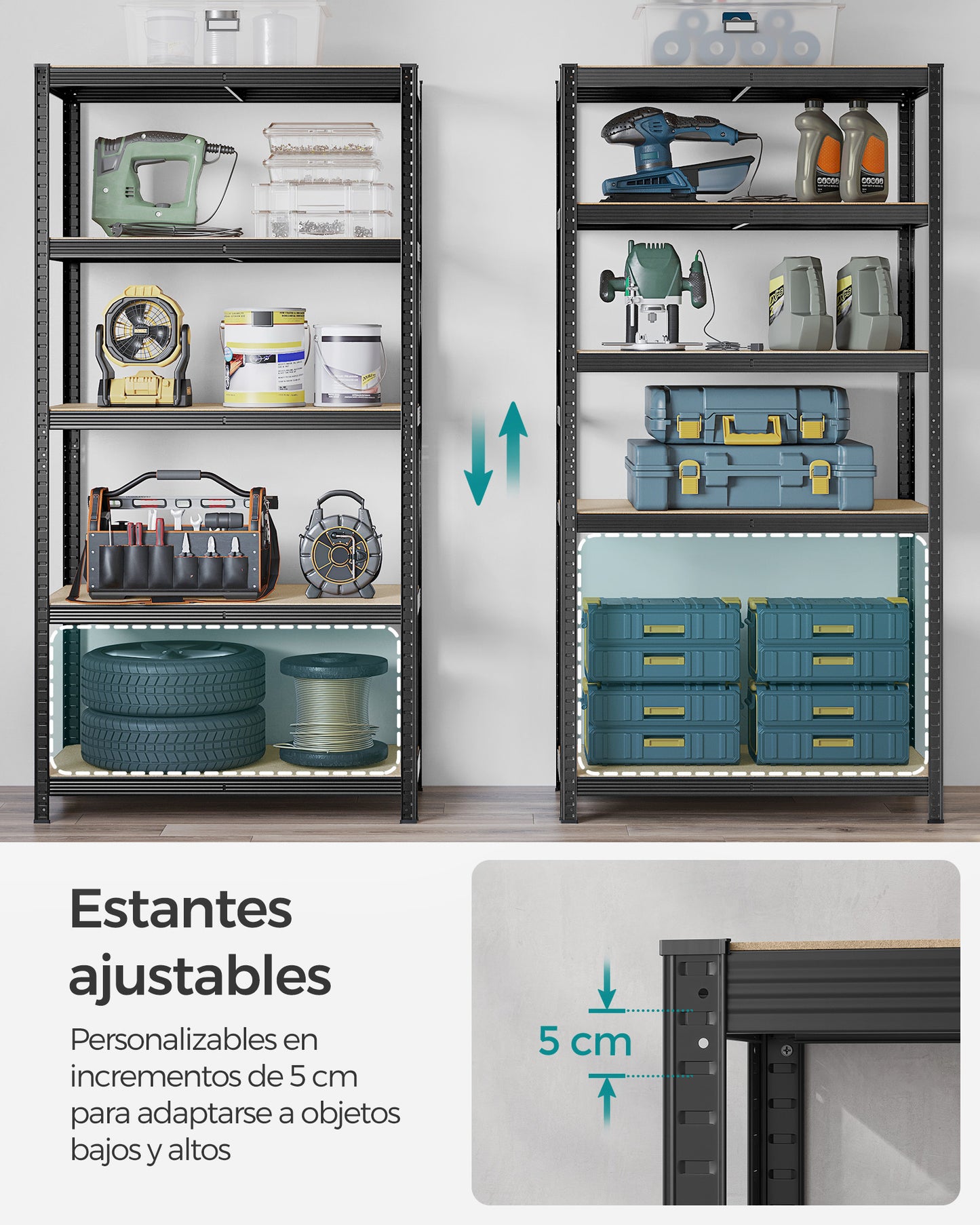 Estanteria, Juego de 2, Estantería metálica, 5 Niveles, Estanterias garaje, 50x100x200 cm, Carga de 600 kg, Negro, Songmics, 5