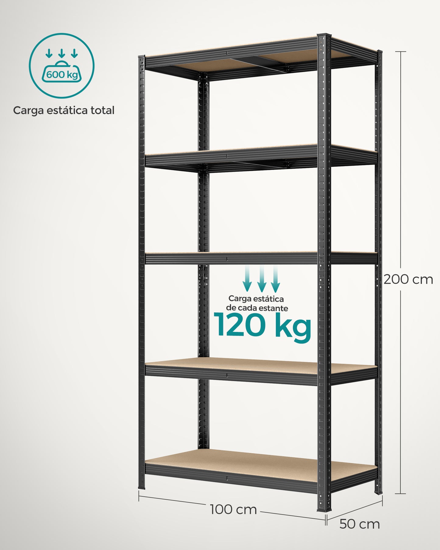Estanteria, Juego de 2, Estantería metálica, 5 Niveles, Estanterias garaje, 50x100x200 cm, Carga de 600 kg, Negro, Songmics, 8