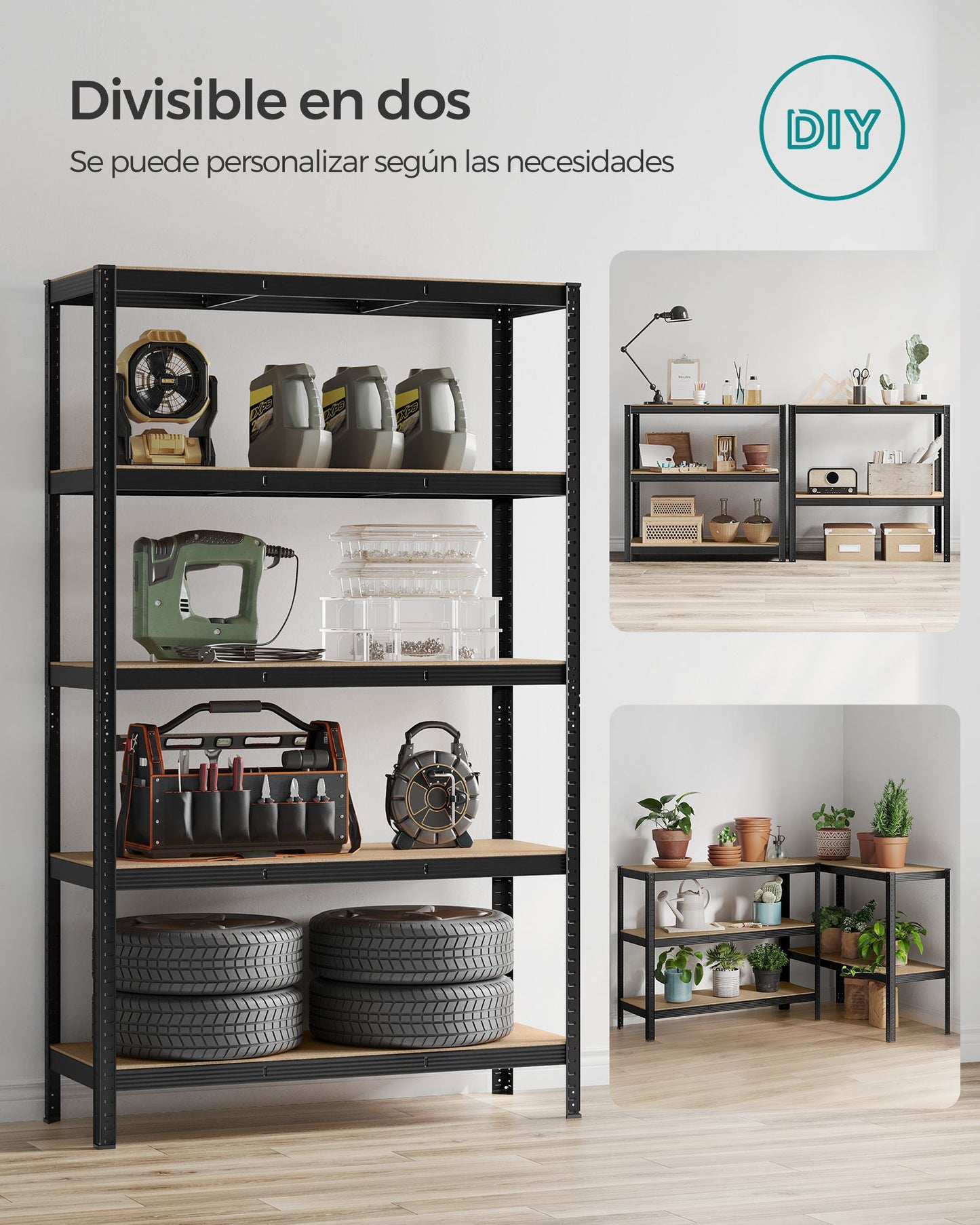 Estanteria, 5 Niveles, Estantería metálica, Carga de 750 kg, Estanterias garaje, 60 x 120 x 200 cm, Negro, Songmics, 7