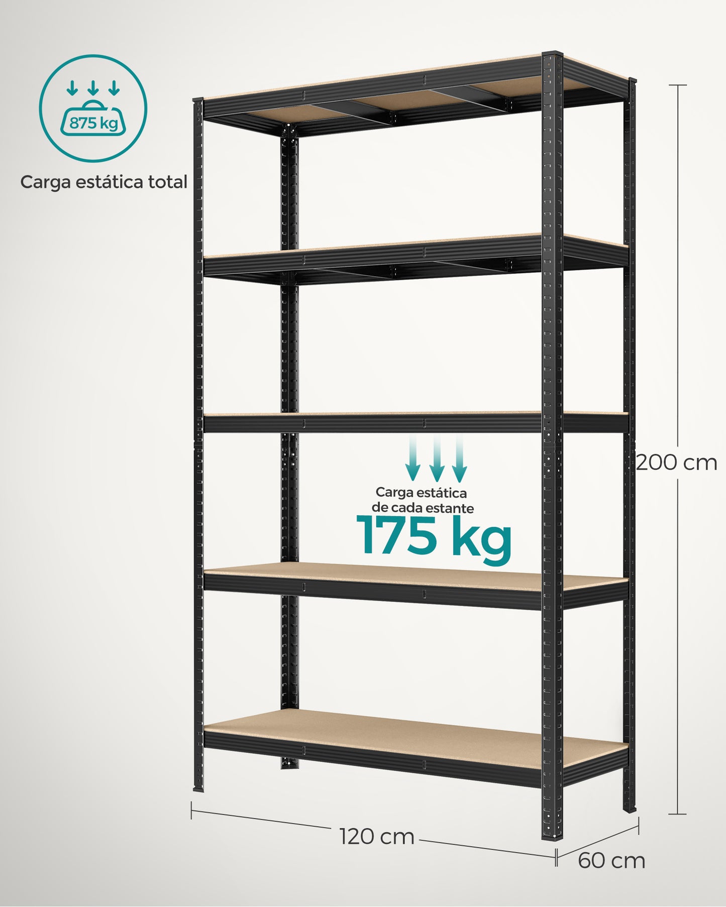 Estanteria, 5 Niveles, Estantería metálica, Carga de 750 kg, Estanterias garaje, 60 x 120 x 200 cm, Negro, Songmics, 8