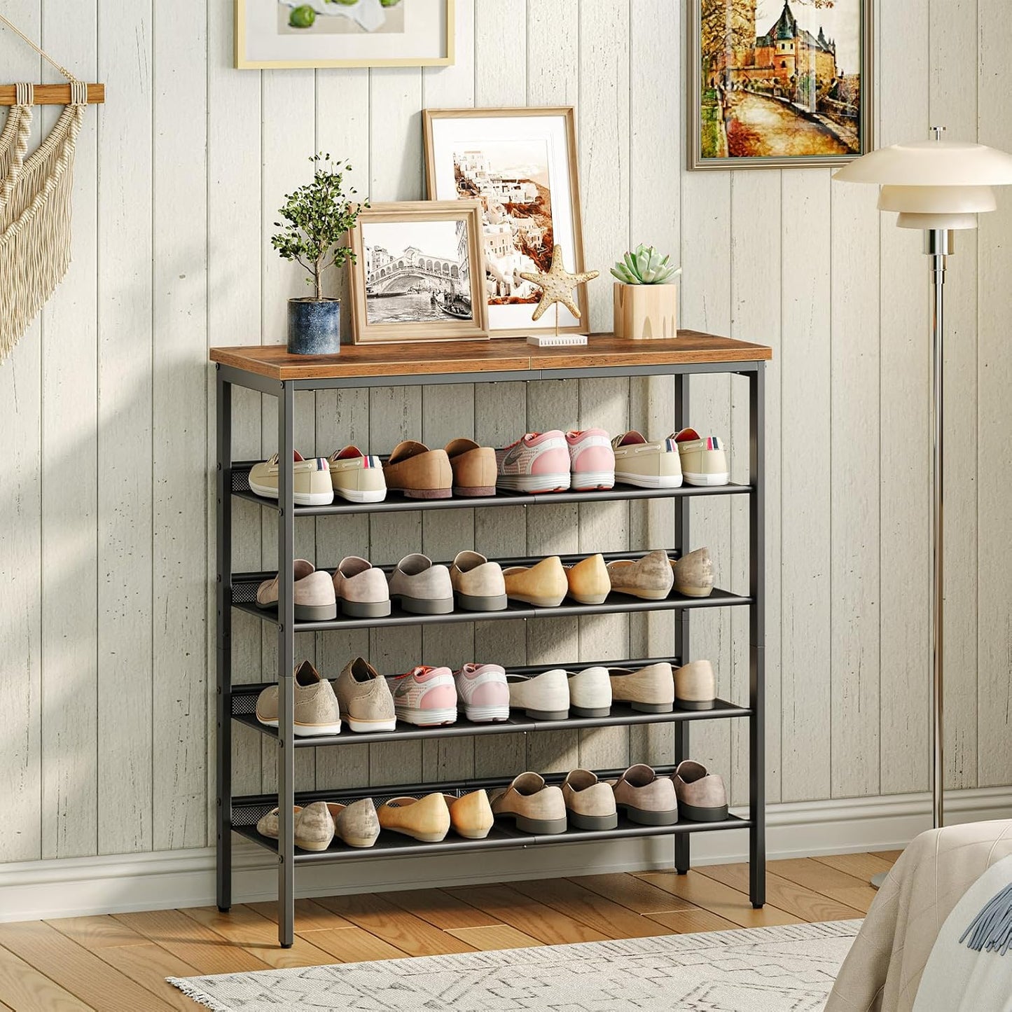 Zapatero, 5 Niveles, Capacidad para 16-20 Pares, Zapatero Recibidor, Zapatero Estrecho, Marco de Metal, Marrón y Negro, HOOBRO, 8