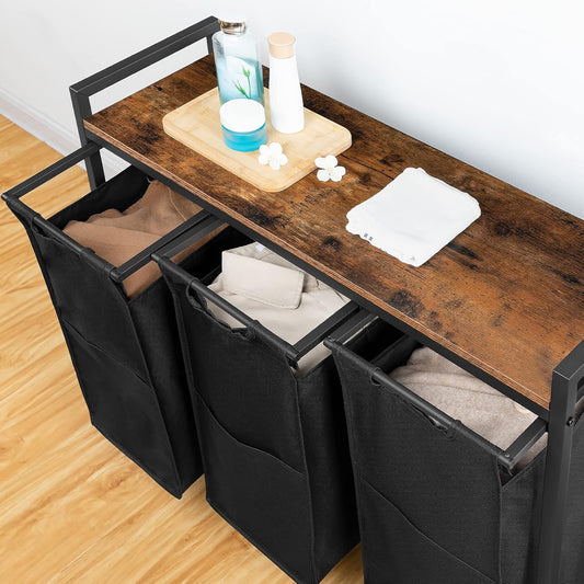 Cesto Ropa Sucia, 3 x 39,8 L, Mueble Ropa Sucia, con Ruedas, 3 Bolsas Colada, Cesto Colada, con Estante, Marrón y Negro, HOOBRO, 2