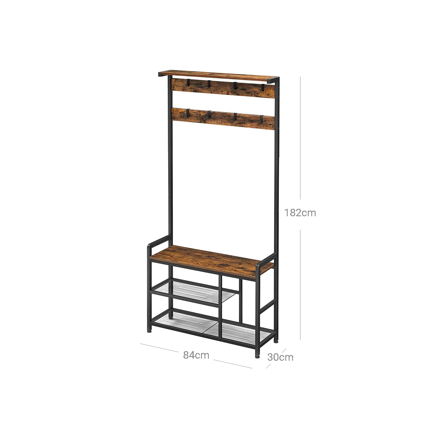 Perchero de Pie, Colgador de ropa, Perchero Zapatero, Perchero con Banco 7 Ganchos, Marco de Acero, Marrón Rústico y Negro, VASAGLE, 8