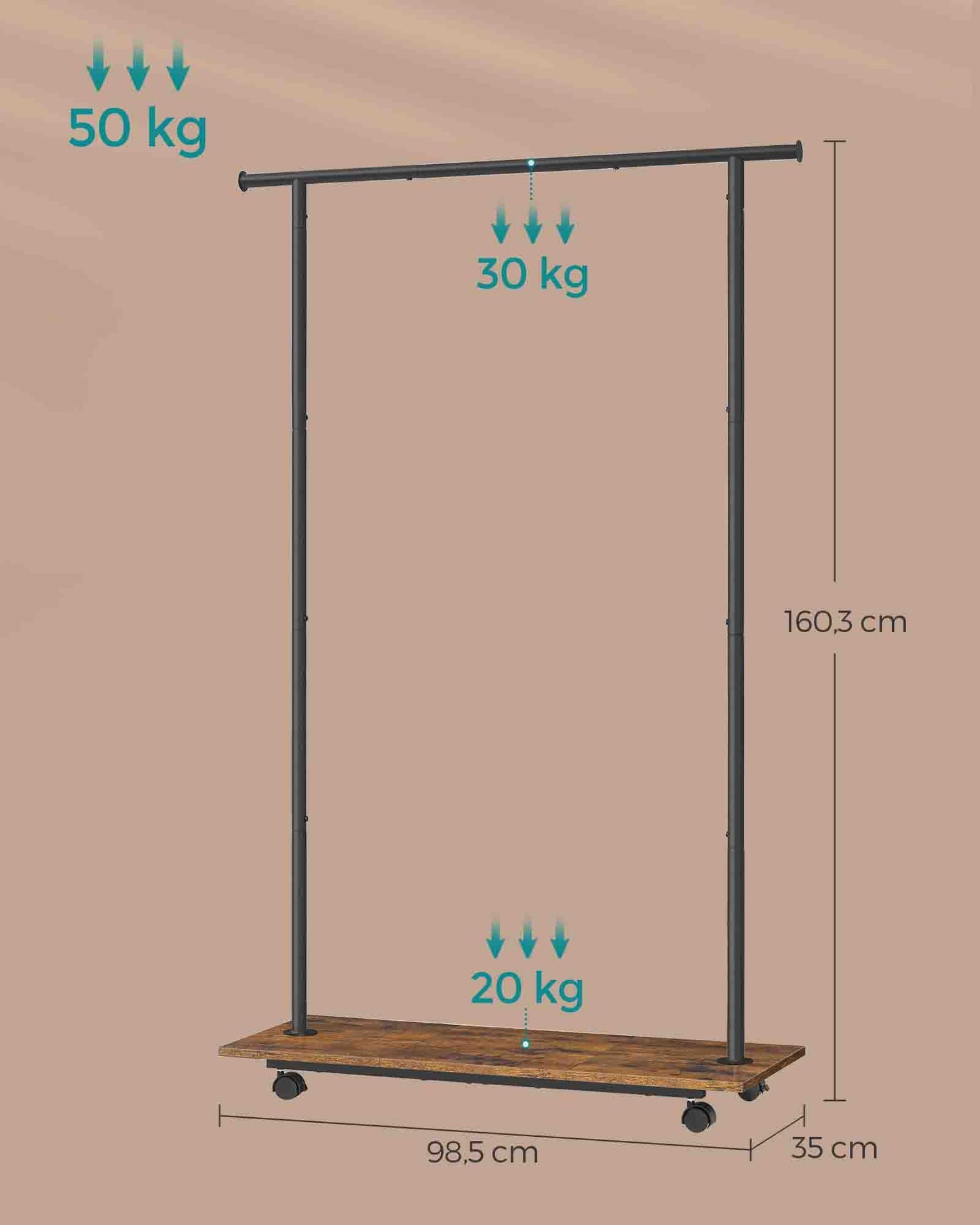 Burro Ropa, Perchero con Ruedas, Perchero con Estante, 98,5 cm de Ancho, Soporta 50 kg Marrón Rústico y Negro, SONGMICS, 9