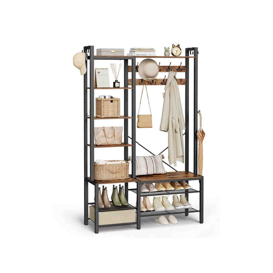 Perchero Recibidor, Perchero Zapatero, Perchero de Pie, Perchero con Banco Zapatero, 5 Estantes, Marrón Negro, VASAGLE, 2