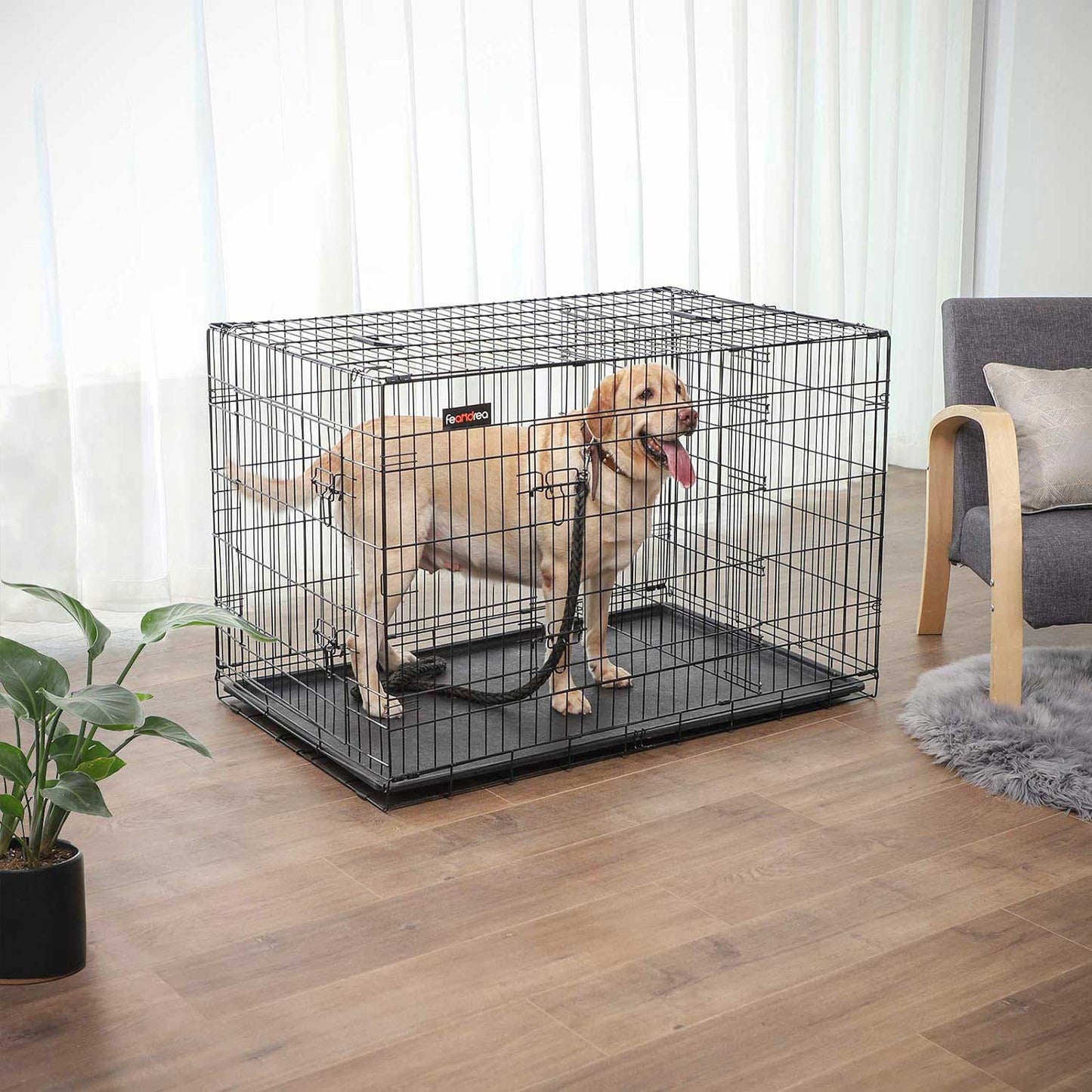 Jaula para Perros, con 2 puertas con cerradura, Jaula perro Grande, una pared divisoria desmontable, Negro, Feandrea, 1