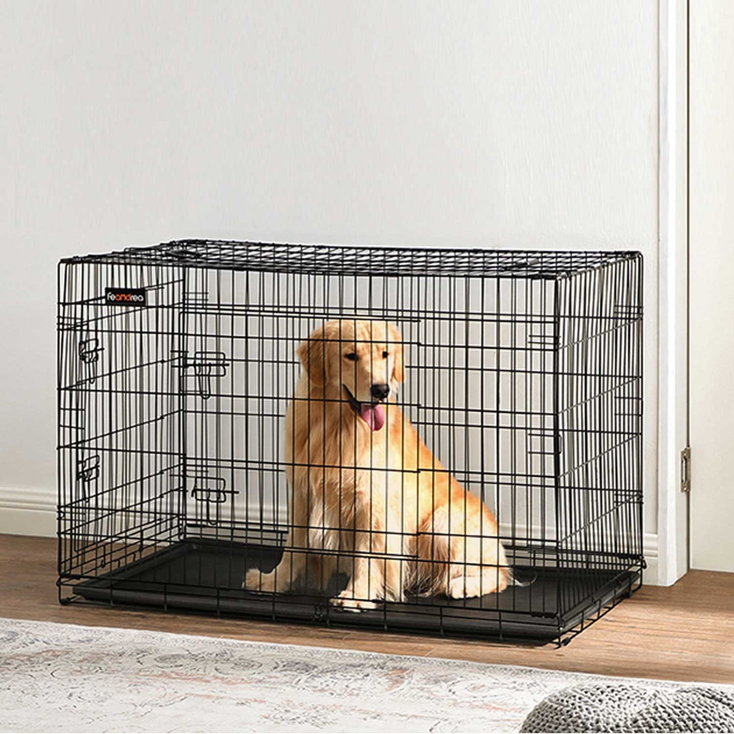 Jaula perro Grande, Jaula para Perros, Plegable, 2 Puertas, Bandeja Extraíble, Cerraduras Dobles, XXL, Negro, Feandrea, 1