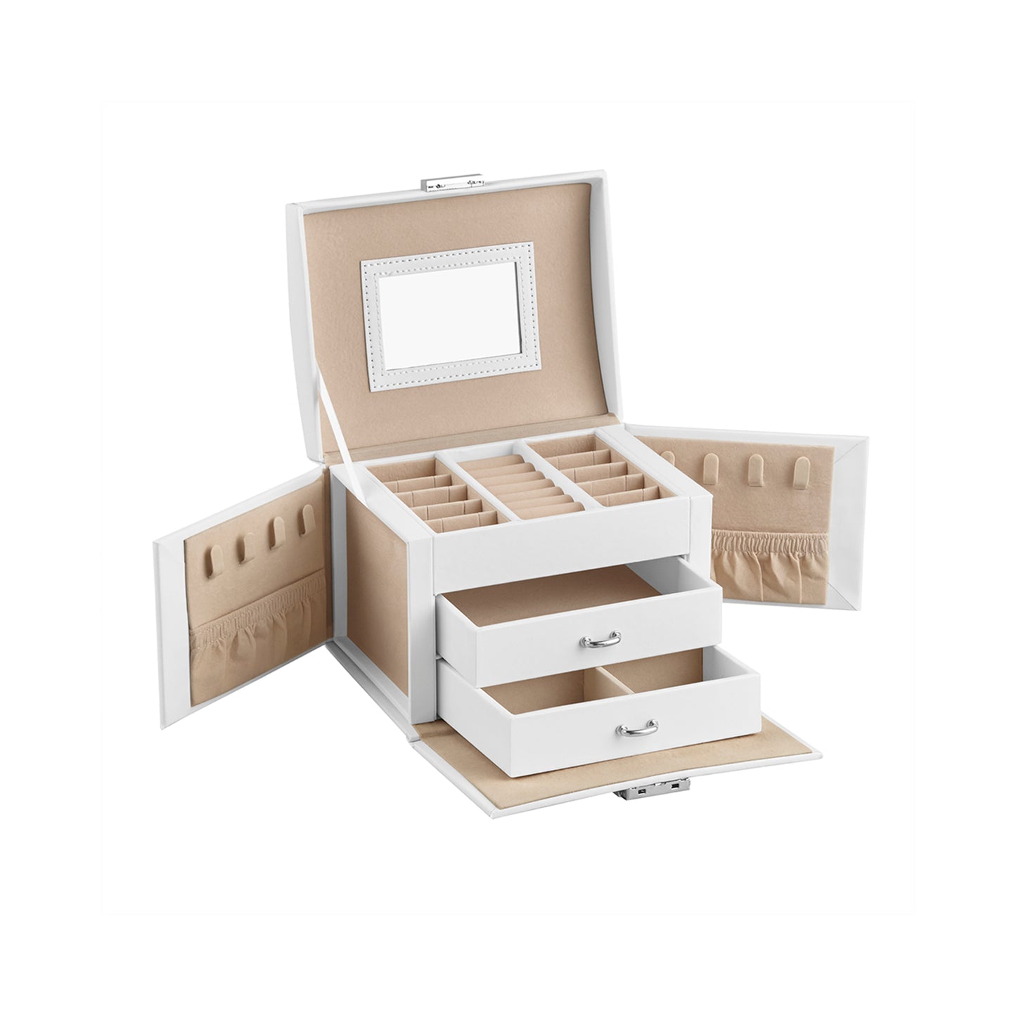 Joyero Organizador, Caja Joyero, 3 Niveles, con Asa, 2 Cajones, Espejo, Cerradura, para Viajar, Blanco, SONGMICS, 2