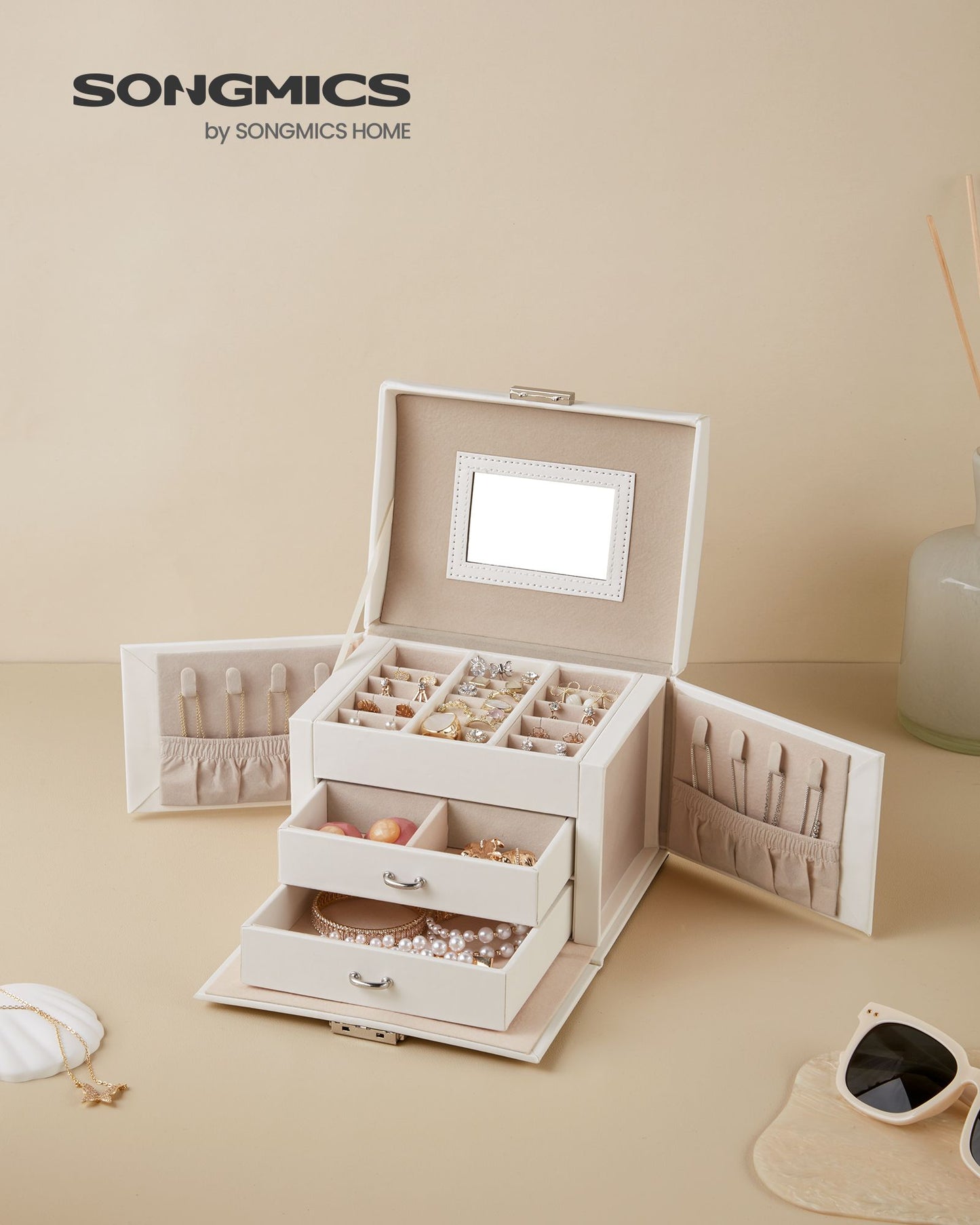 Joyero Organizador, Caja Joyero, 3 Niveles, con Asa, 2 Cajones, Espejo, Cerradura, para Viajar, Blanco, SONGMICS, 3