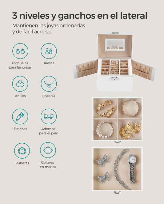 Joyero Organizador, Caja Joyero, 3 Niveles, con Asa, 2 Cajones, Espejo, Cerradura, para Viajar, Blanco, SONGMICS, 4