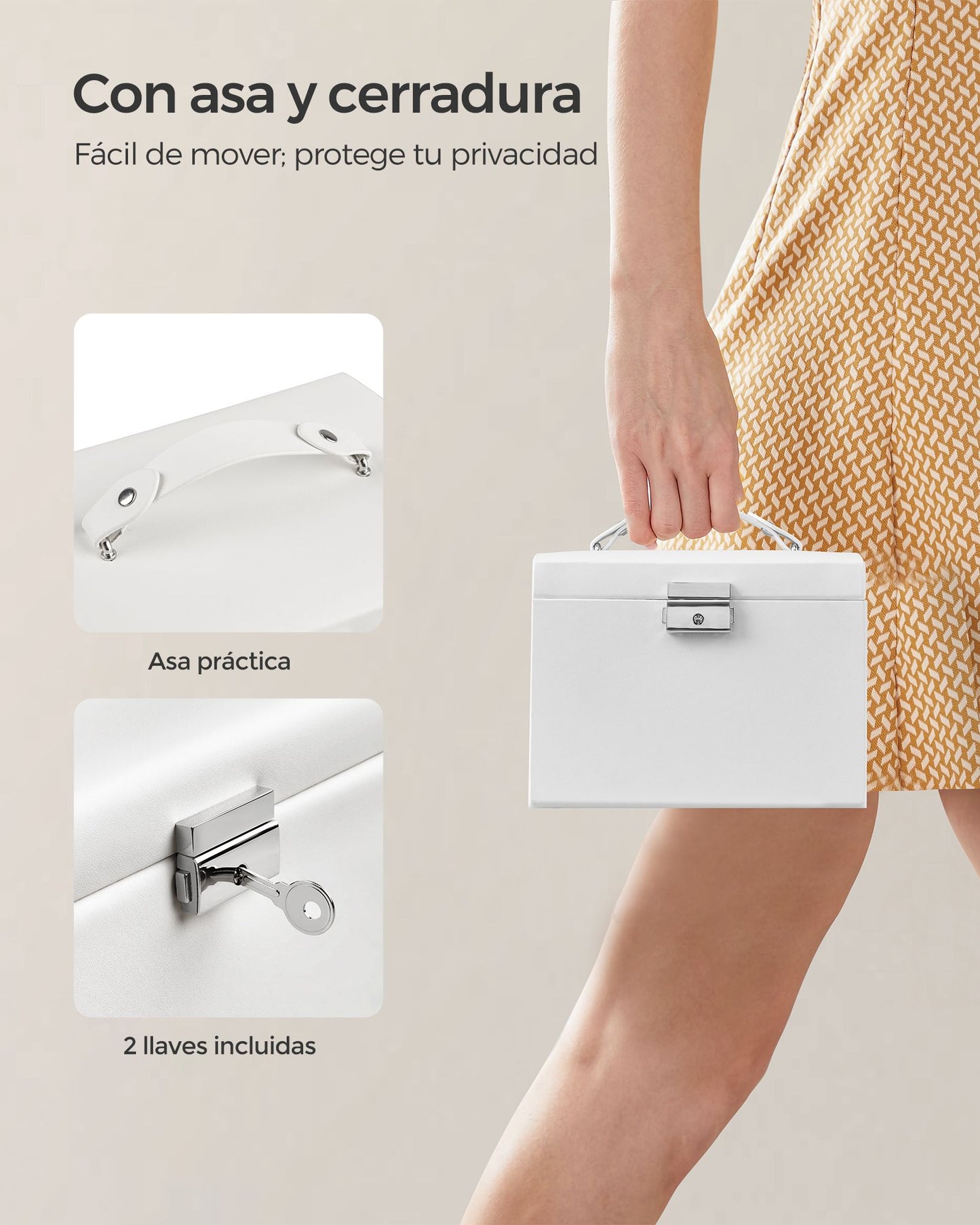 Joyero Organizador, Caja Joyero, 3 Niveles, con Asa, 2 Cajones, Espejo, Cerradura, para Viajar, Blanco, SONGMICS, 5