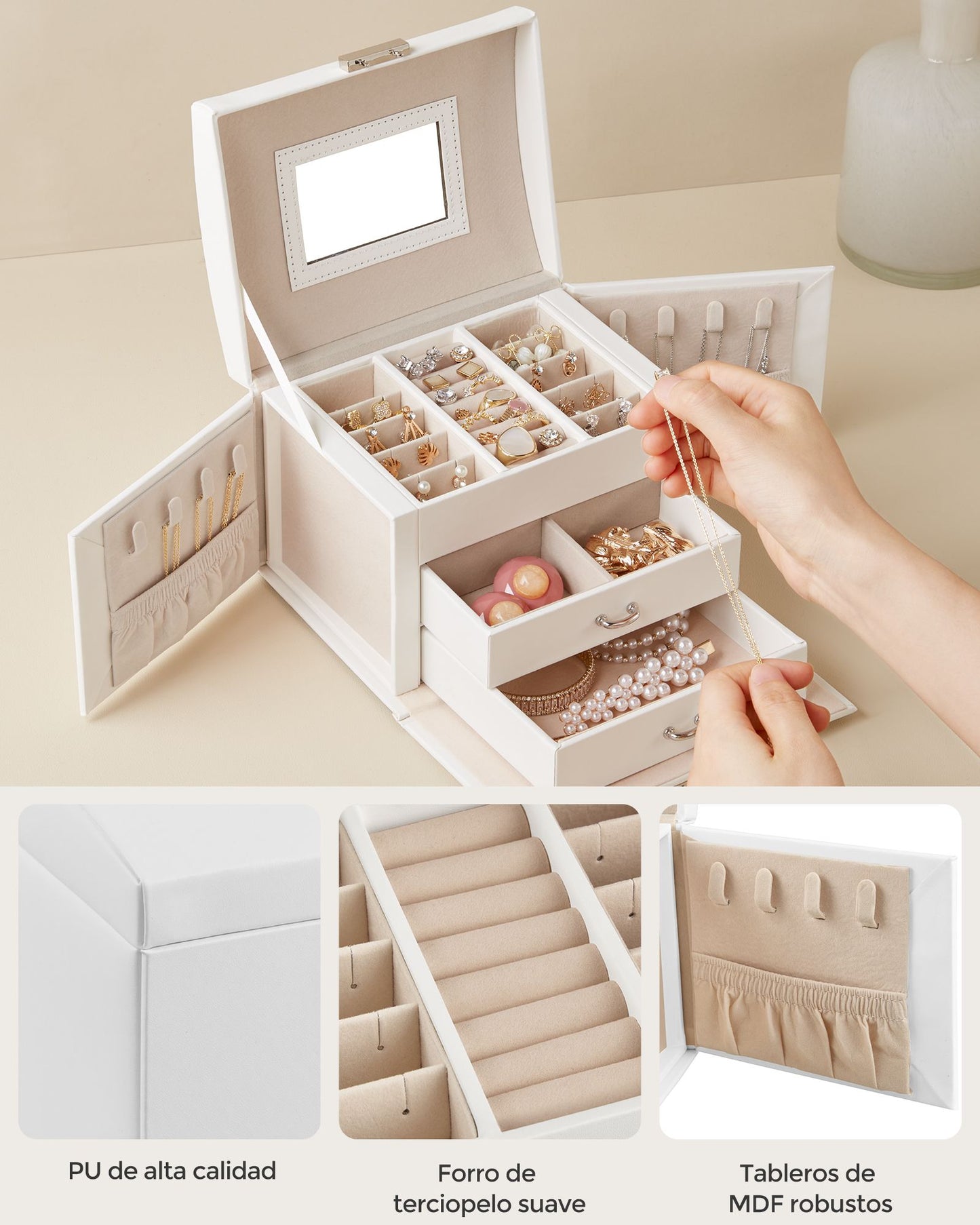 Joyero Organizador, Caja Joyero, 3 Niveles, con Asa, 2 Cajones, Espejo, Cerradura, para Viajar, Blanco, SONGMICS, 6