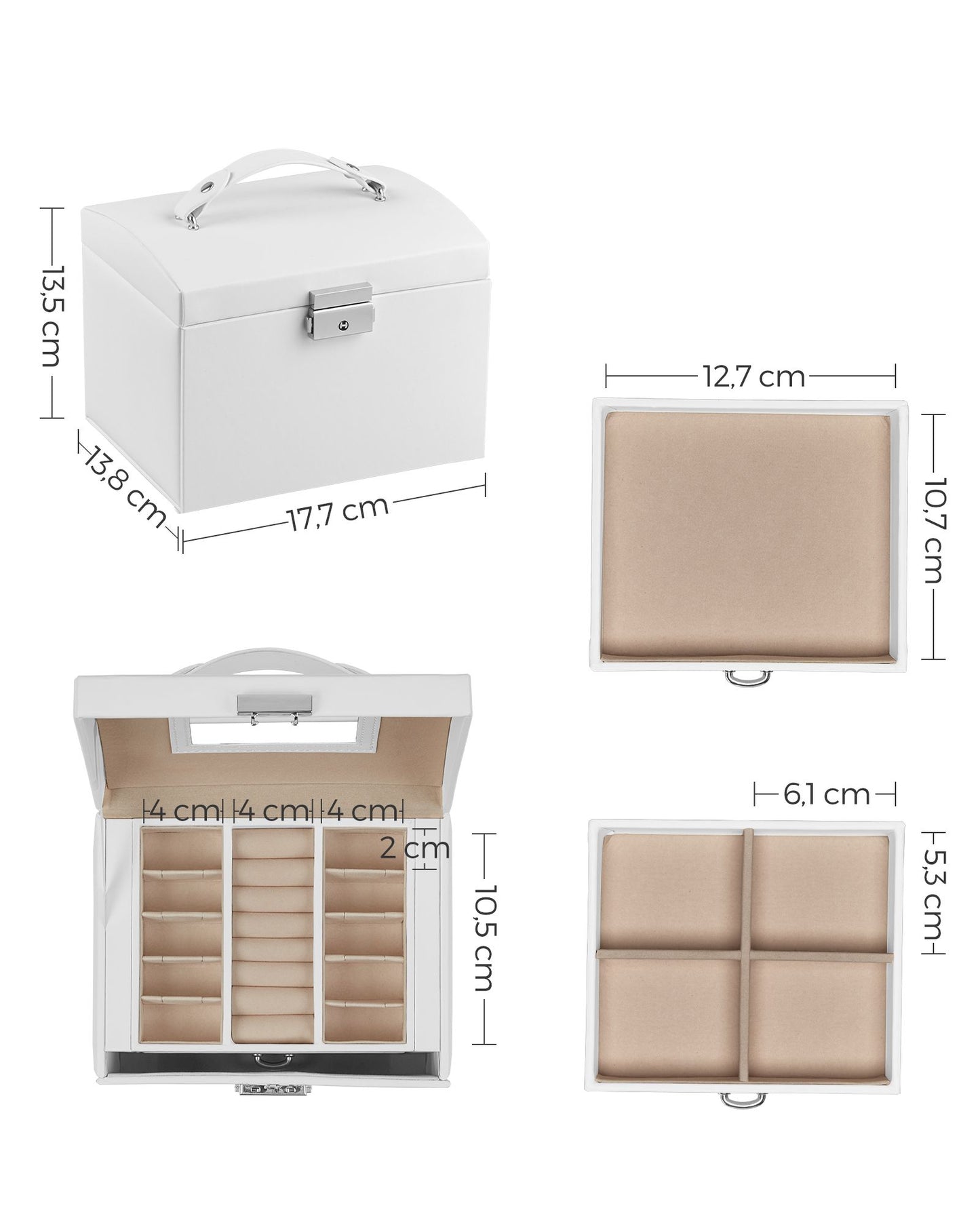 Joyero Organizador, Caja Joyero, 3 Niveles, con Asa, 2 Cajones, Espejo, Cerradura, para Viajar, Blanco, SONGMICS, 7