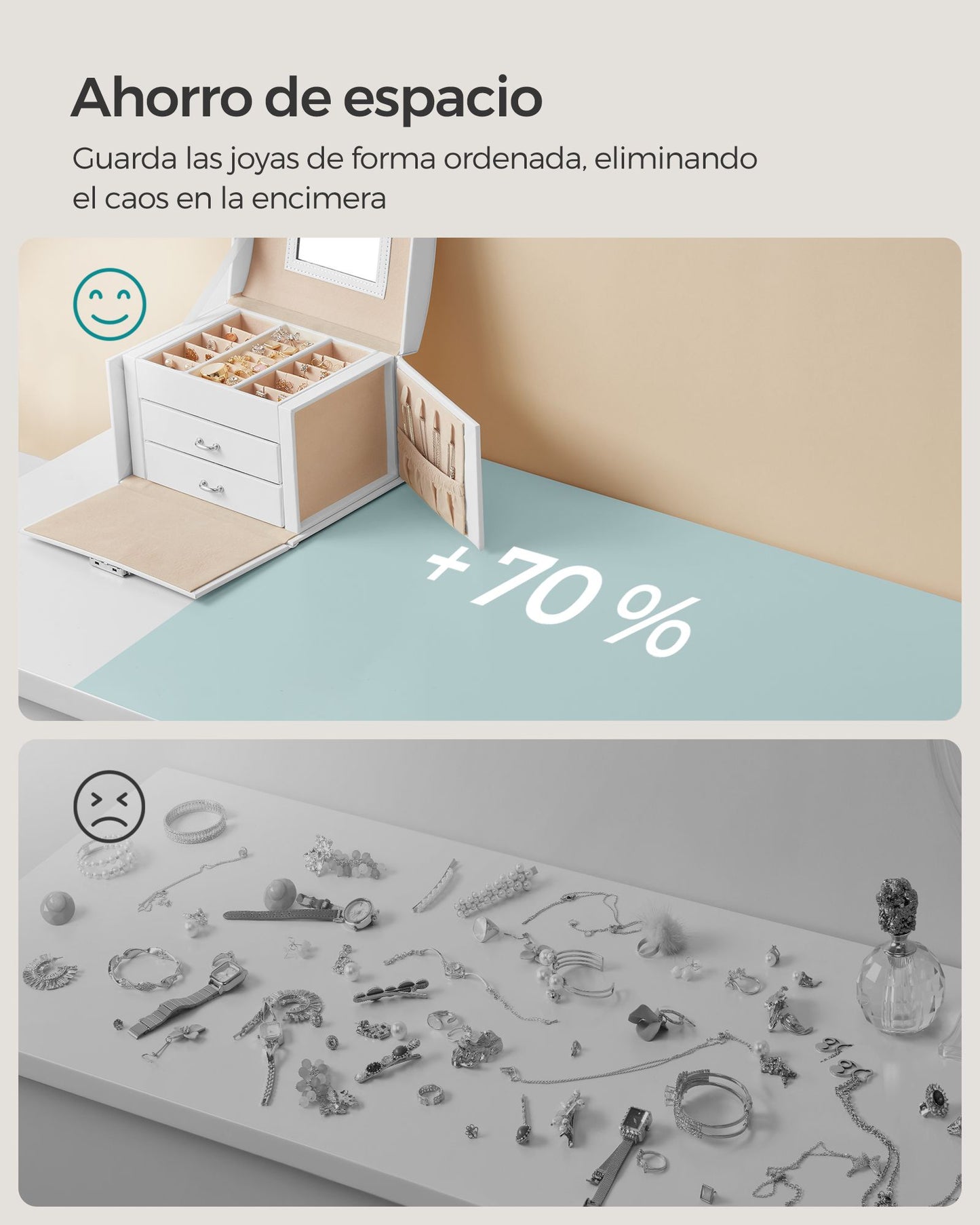 Joyero Organizador, Caja Joyero, 3 Niveles, con Asa, 2 Cajones, Espejo, Cerradura, para Viajar, Blanco, SONGMICS, 8