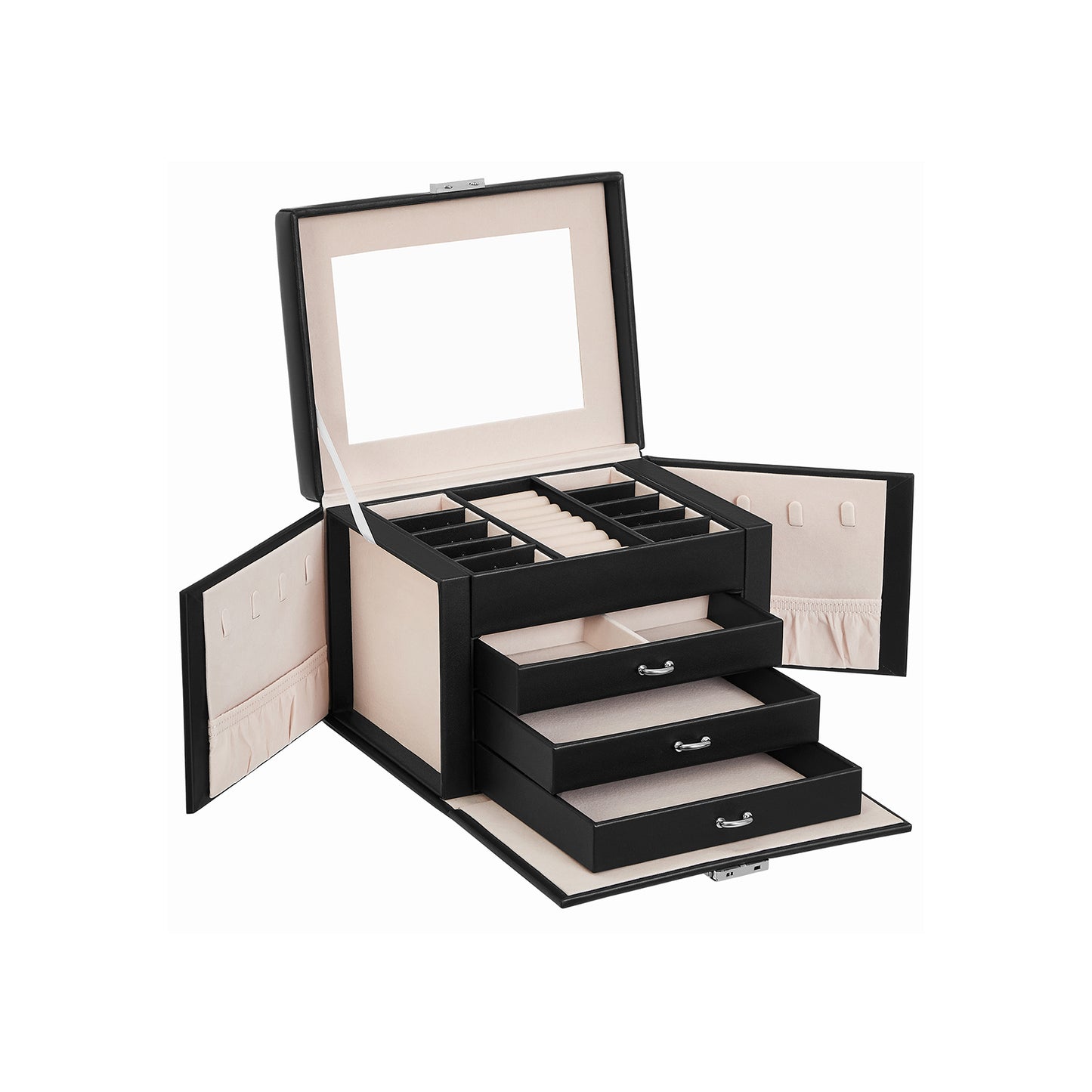Joyero, Caja Joyero, 4 Niveles, Joyero Organizador, con Asa, 3 Cajones, Espejo, Cerradura, Negro, SONGMICS, 2