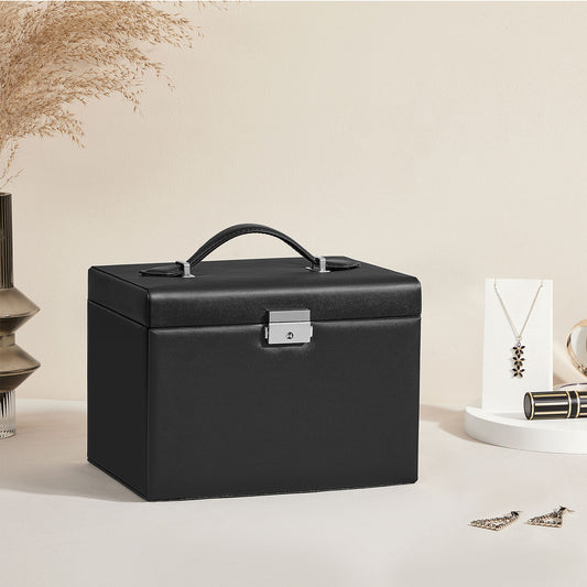 Joyero, Caja Joyero, 4 Niveles, Joyero Organizador, con Asa, 3 Cajones, Espejo, Cerradura, Negro, SONGMICS, 3