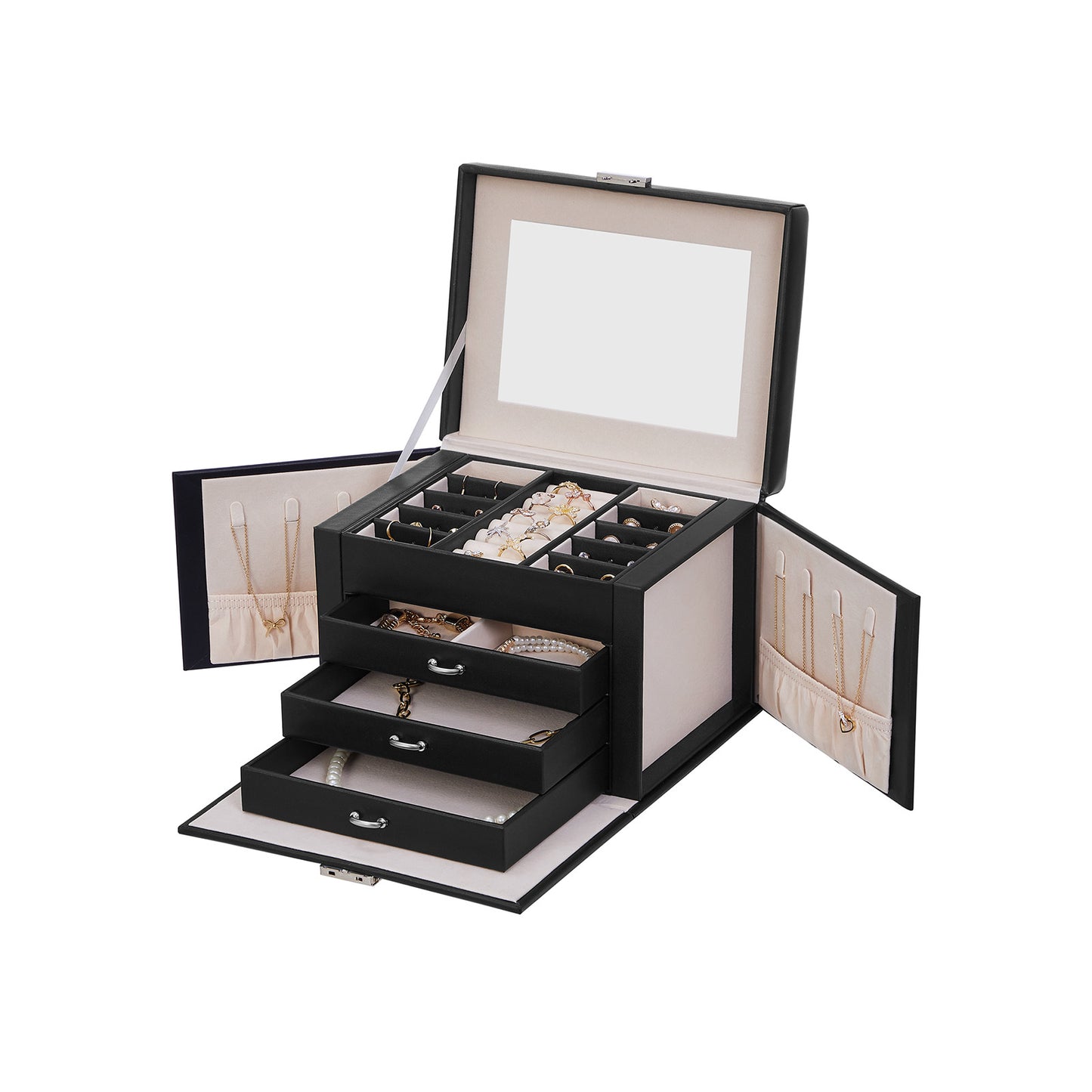 Joyero, Caja Joyero, 4 Niveles, Joyero Organizador, con Asa, 3 Cajones, Espejo, Cerradura, Negro, SONGMICS, 7