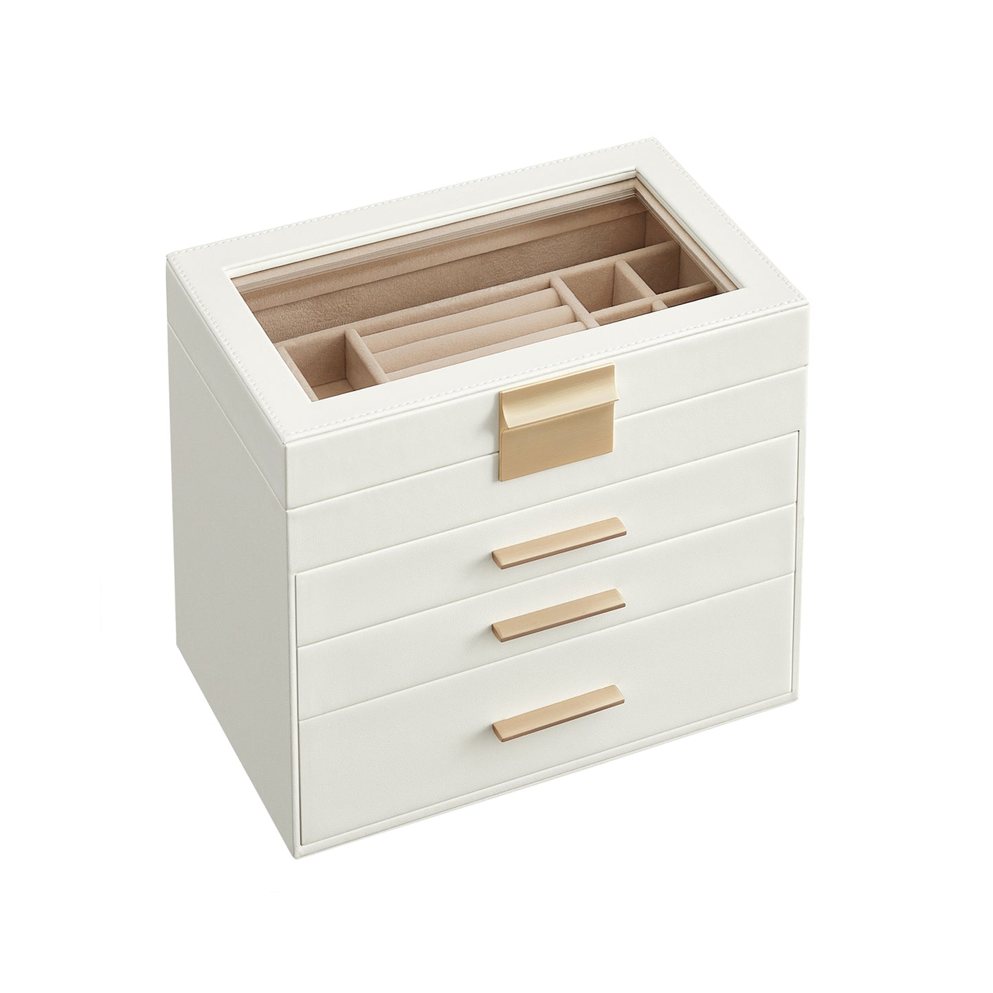 Joyero Grande, Caja de Joyas, 4 Niveles, con Tapa de Cristal, 3 Cajones, para Gafas de Sol, Blanco Nube y Dorado, SONGMICS, 2