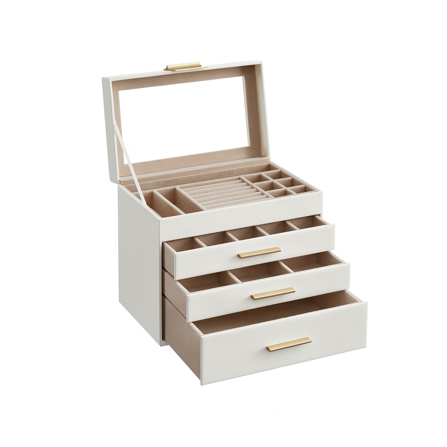 Joyero Grande, Caja de Joyas, 4 Niveles, con Tapa de Cristal, 3 Cajones, para Gafas de Sol, Blanco Nube y Dorado, SONGMICS, 4