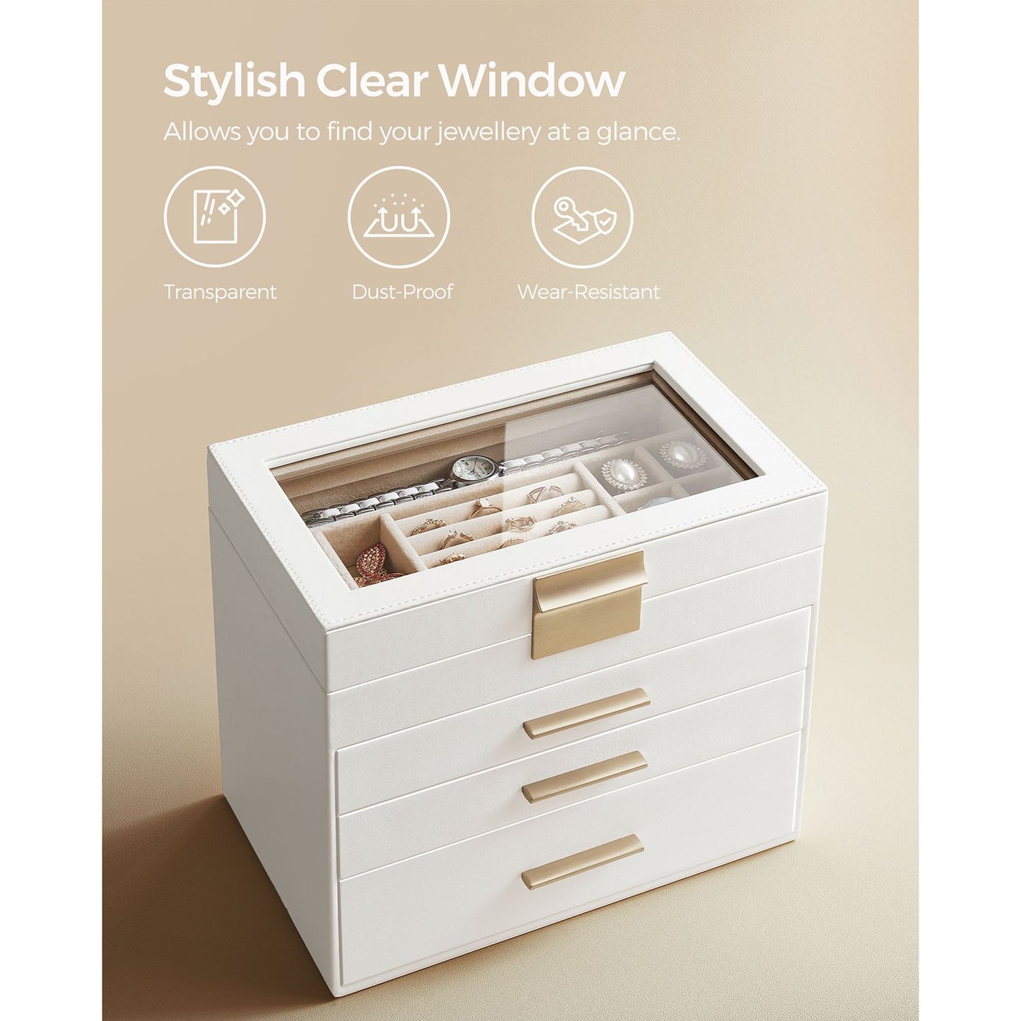 Joyero Grande, Caja de Joyas, 4 Niveles, con Tapa de Cristal, 3 Cajones, para Gafas de Sol, Blanco Nube y Dorado, SONGMICS, 7