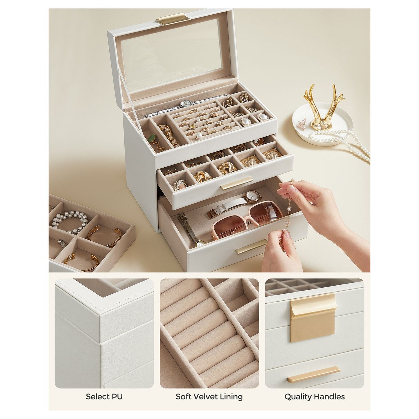 Joyero Grande, Caja de Joyas, 4 Niveles, con Tapa de Cristal, 3 Cajones, para Gafas de Sol, Blanco Nube y Dorado, SONGMICS, 8