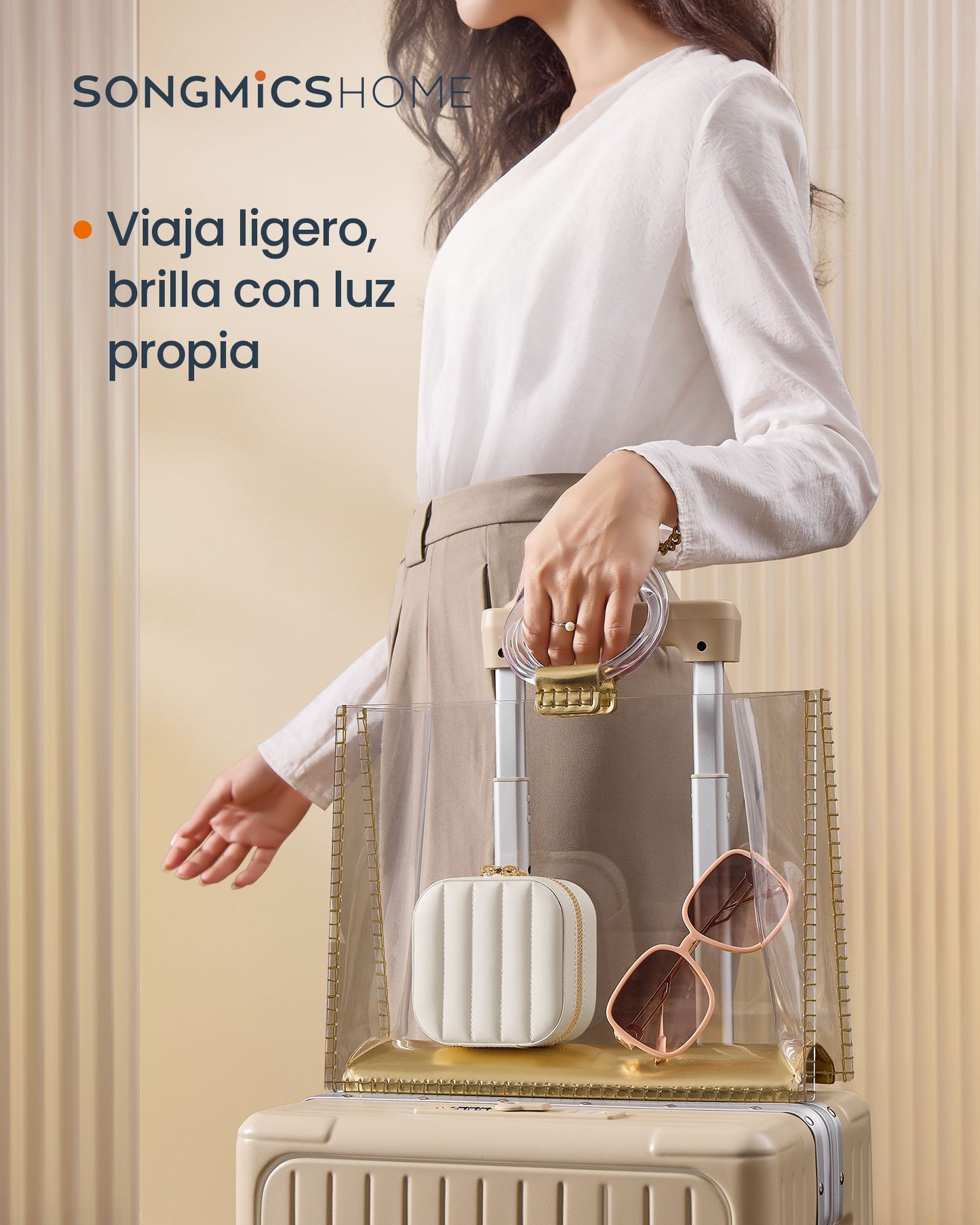Joyero de Viaje, Joyero Organizador, con Espejo, Superficie PU con Costuras, Portátil, Cremalleras, Blanco Nube, SONGMICS, 3