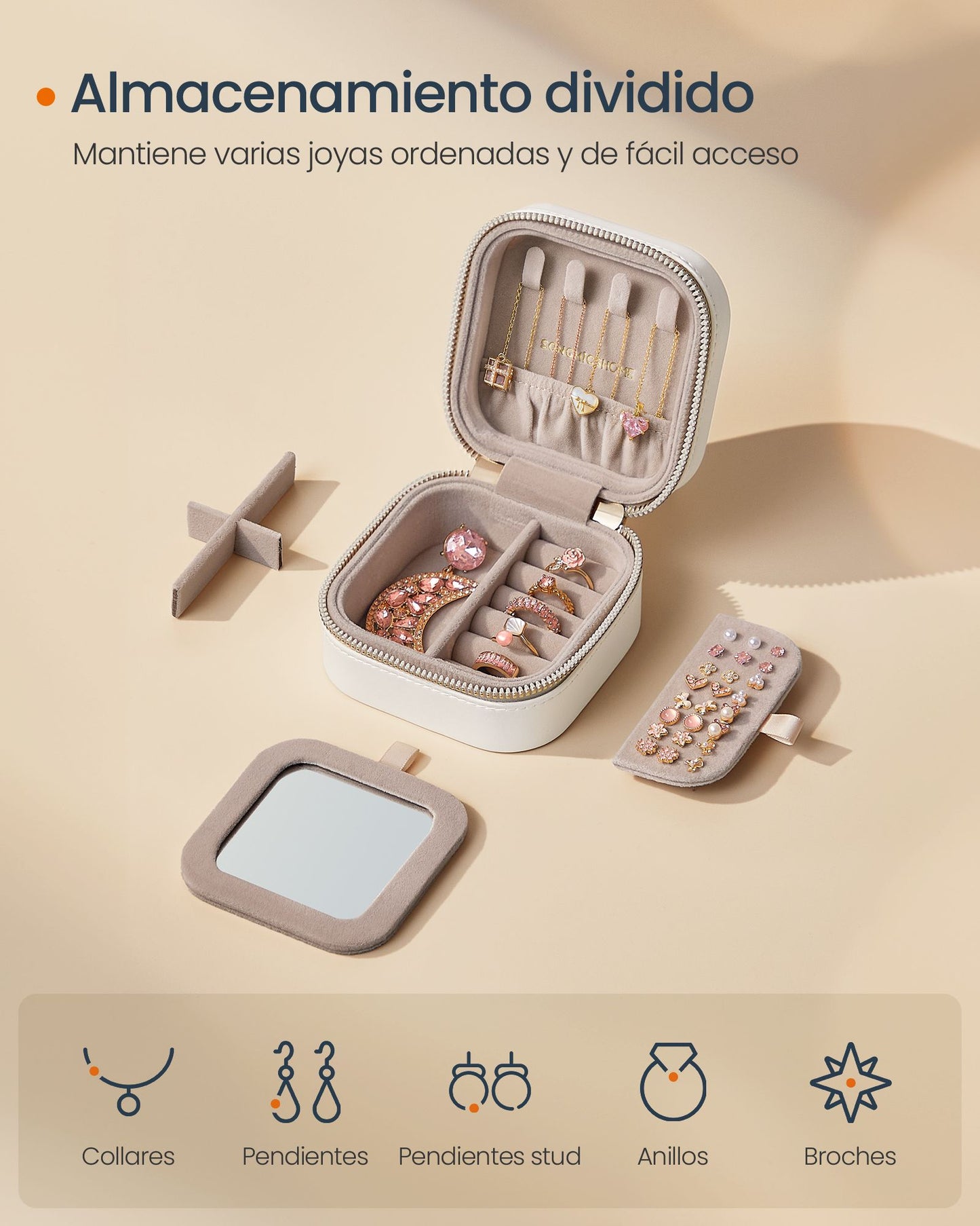 Joyero de Viaje, Joyero Organizador, con Espejo, Superficie PU con Costuras, Portátil, Cremalleras, Blanco Nube, SONGMICS, 4