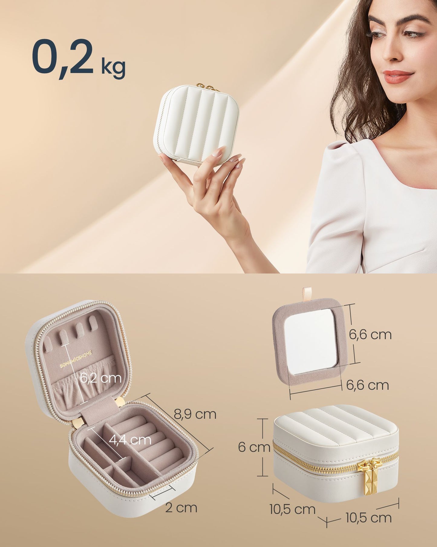 Joyero de Viaje, Joyero Organizador, con Espejo, Superficie PU con Costuras, Portátil, Cremalleras, Blanco Nube, SONGMICS, 6