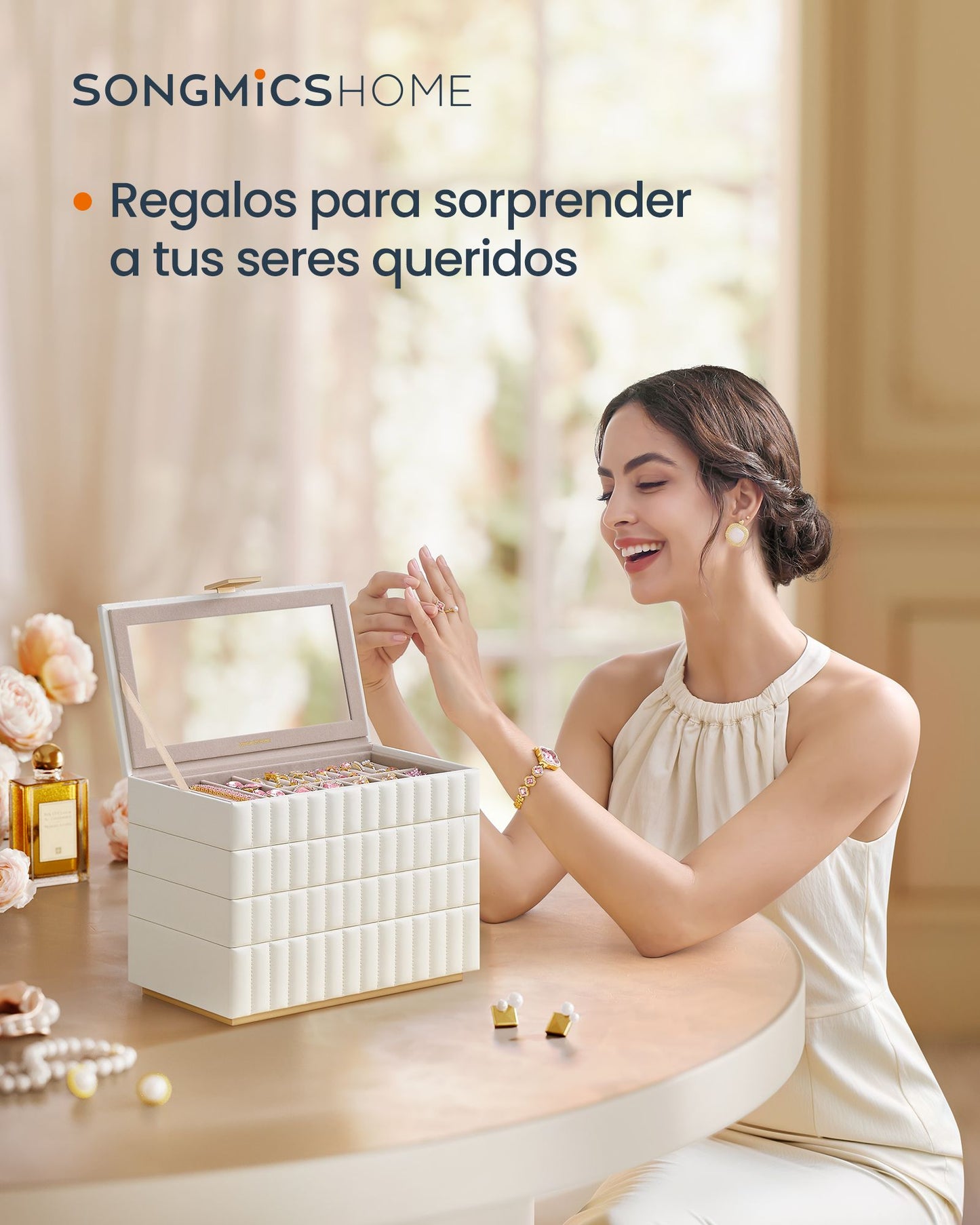 Joyero, Caja, Joyero Organizador, con Espejo, Organizador Joyero 4 Capas, Superficie PU con Costuras, Blanco Nube, SONGMICS, 3